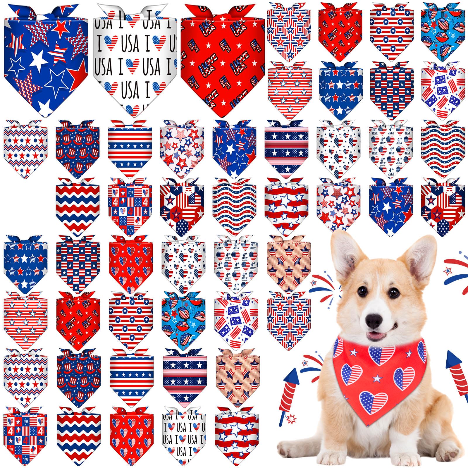 Chicingyou 48 Pcs 4th of July Dog Bandanas Bulk Patriotic Bandana to Dog Independence Day Puppy Triangle Scarf Bibs Adjustable W