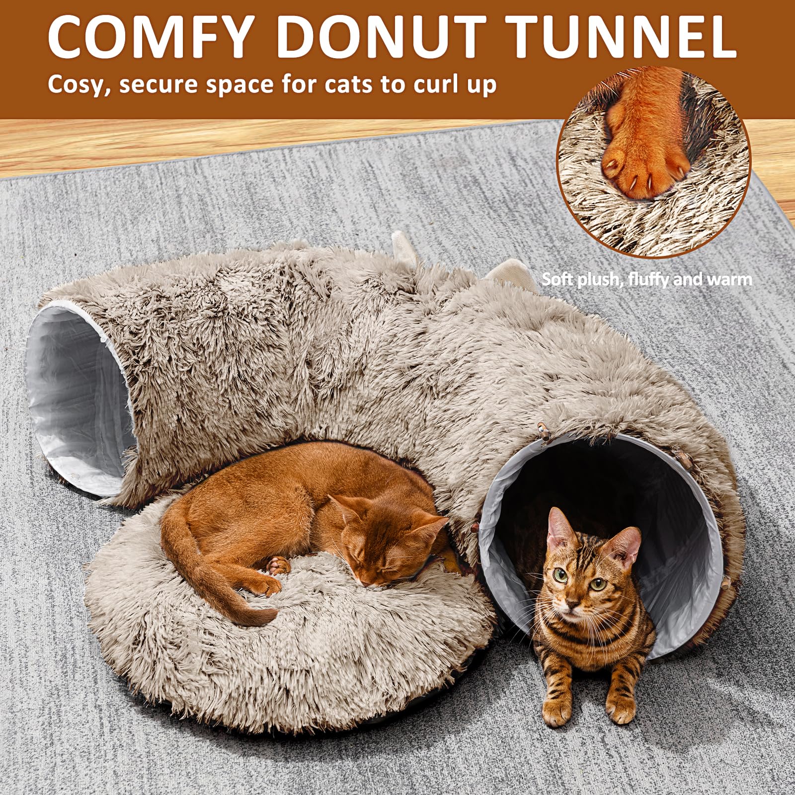 Cat Tunnel With Cat Bed For Indoor Cats, Soft Plush Peekaboo Cat Cave Donut Tunnel, Multifunctional Playground Toys Hideplace For Small Medium Large Kittens, Rabbit, Ferret, Brown