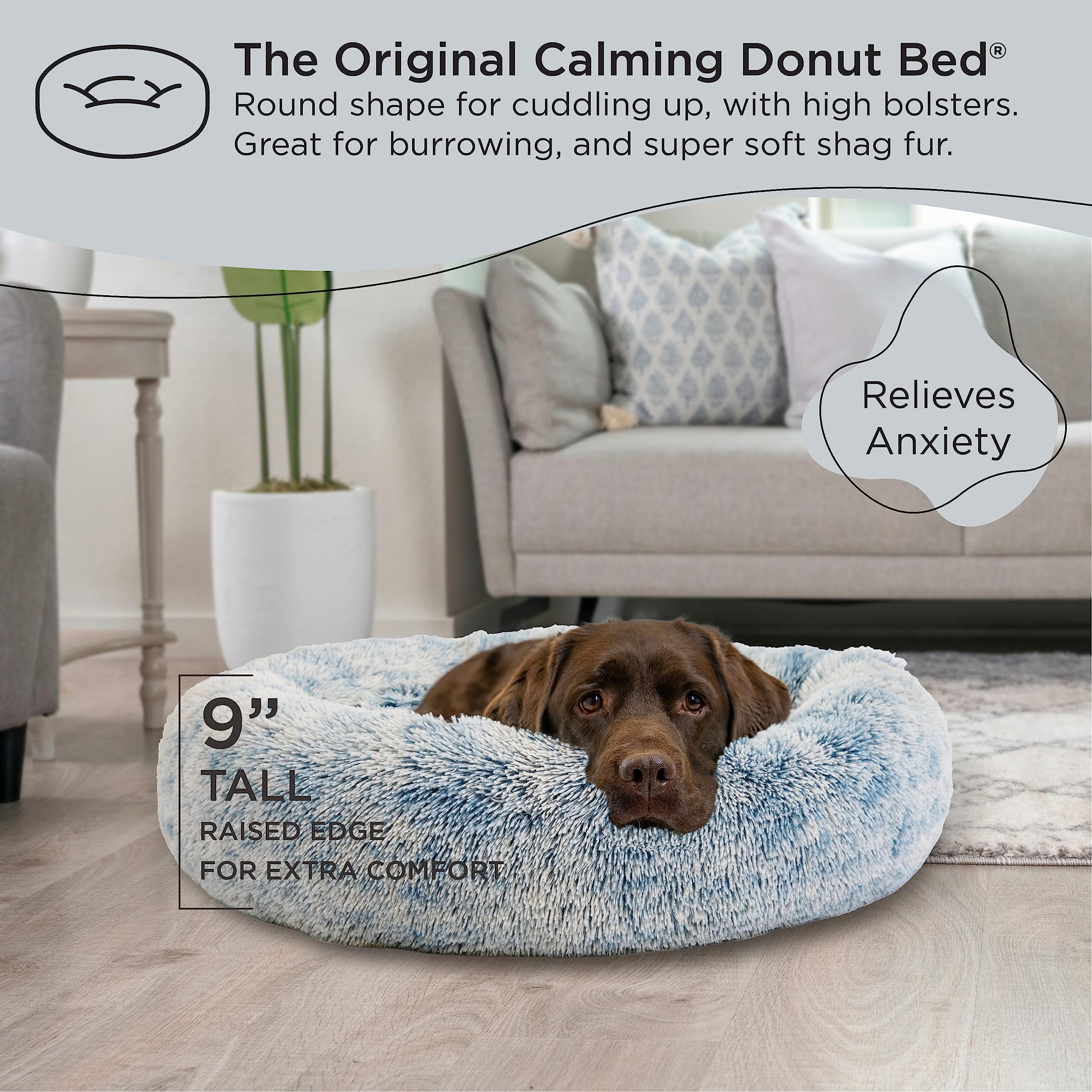 Best Friends By Sheri The Original Calming Donut Dog And Cat Bed In Shag Fur, Denim Blue, Large, 36X36
