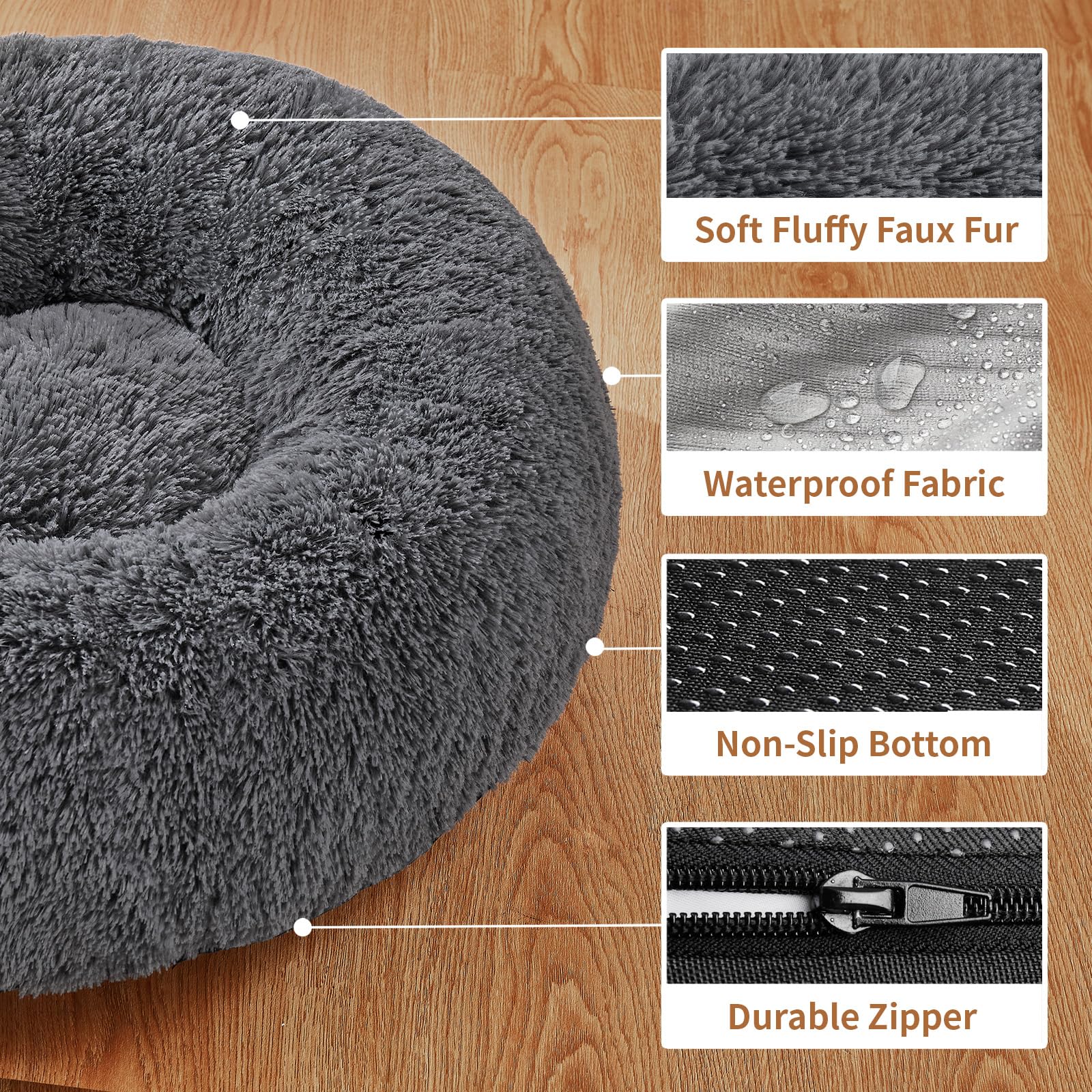 Ohgeni Calming Donut Dog Bed Pillow For Small Medium Pets, Machine Washable Removable Cover, Comfort Plush Fluffy Faux Fur With Anti-Slip Bottom, Cats-Friendly Round Cuddly Design, Gray, 23 Inches