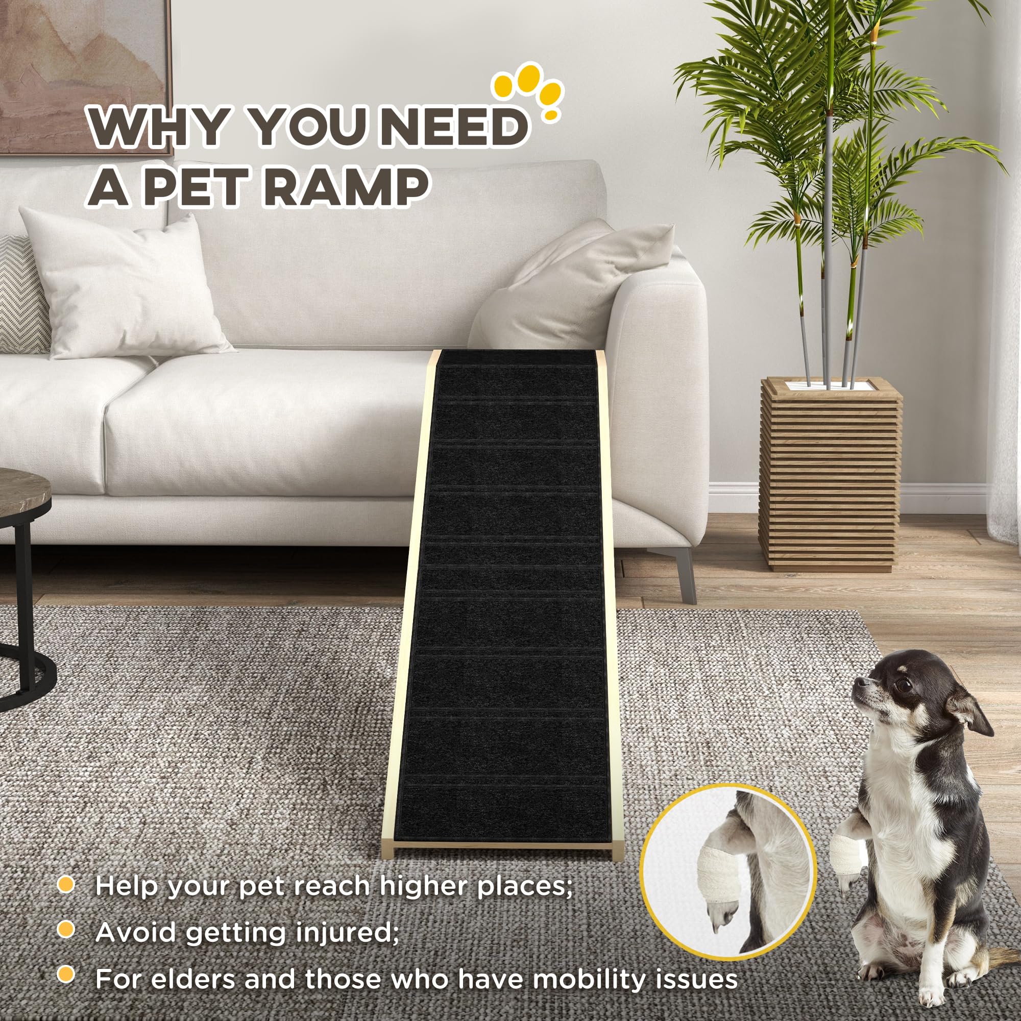Pawhut Dog Ramp For Bed, Pet Ramp For Dogs With Non-Slip Carpet And Top Platform, 74' X 16' X 25', Natural