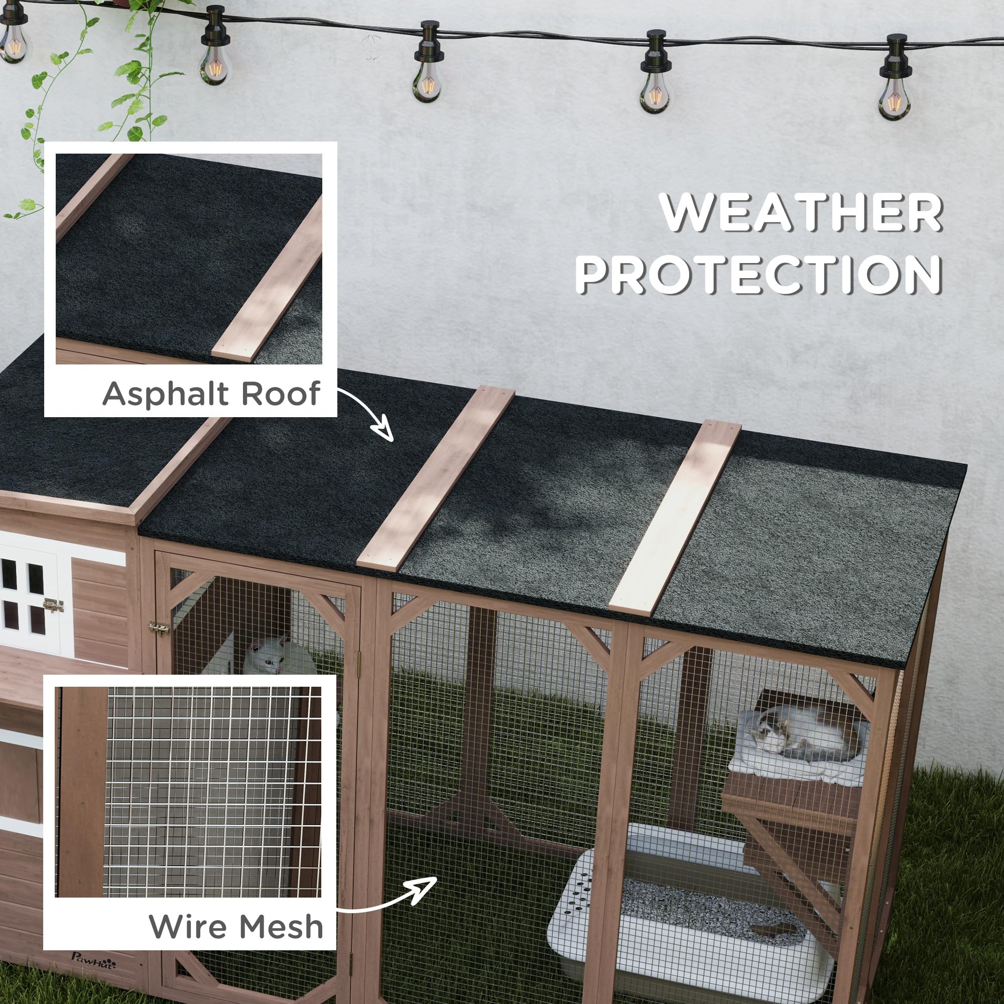 PawHut Catio Outdoor Cat Enclosure, Large Wood Kitten Cat House Enclosure with 3-Level Design, Weatherproof Roof, Big Hiding Are