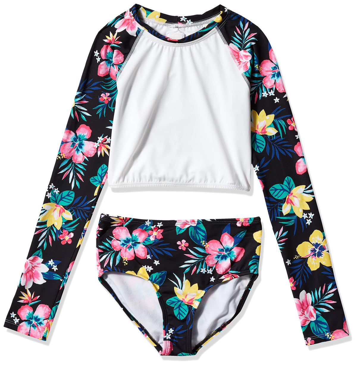 Kanu Surf Girls Long Sleeve Rashguard Upf 50 Two Piece Swim Set, Brooke Crop Black, 6