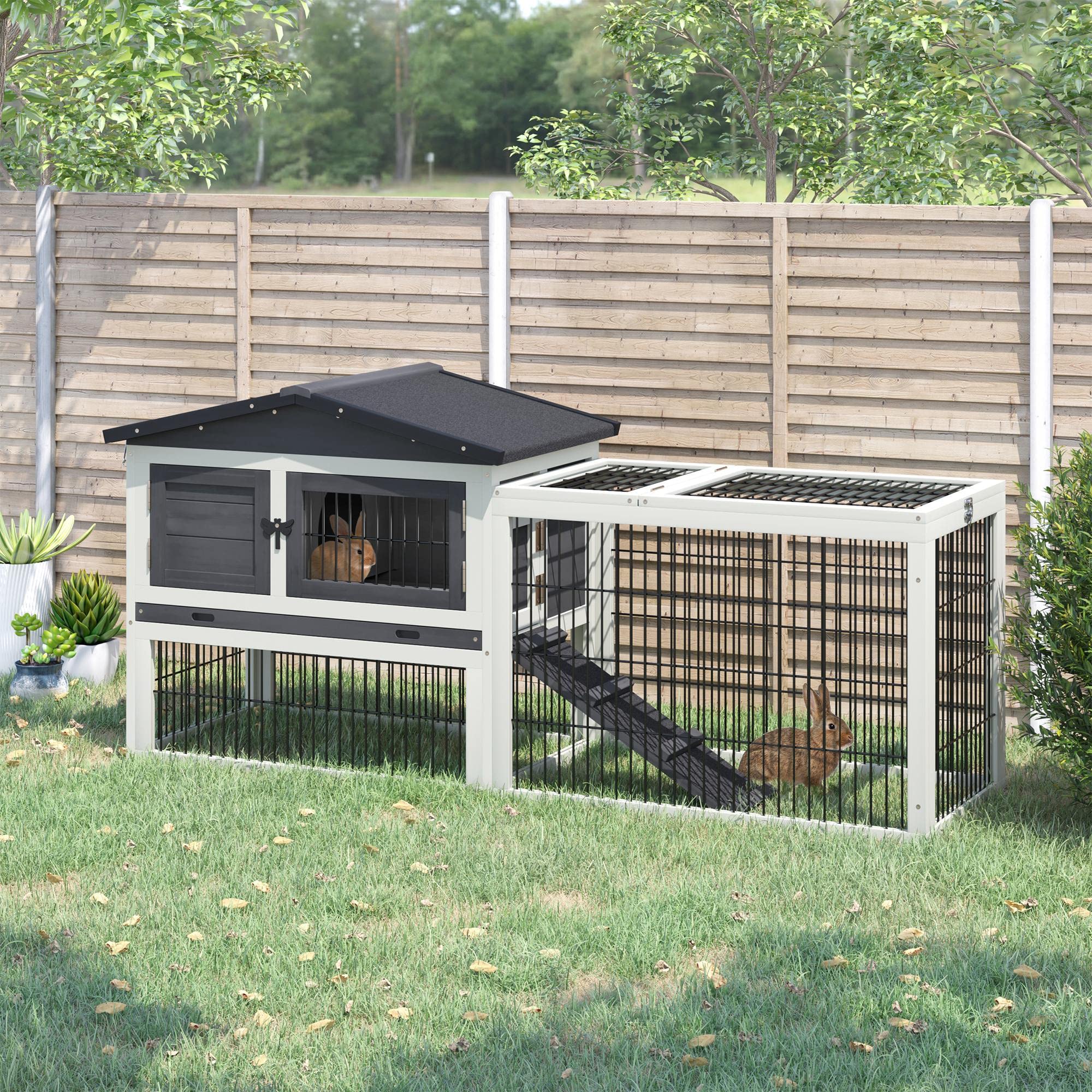 Pawhut 2 Levels Outdoor Rabbit Hutch With Openable Top, 59' Wooden Large Rabbit Cage With Run Weatherproof Roof, Removable Tray, Ramp, Dark Gray