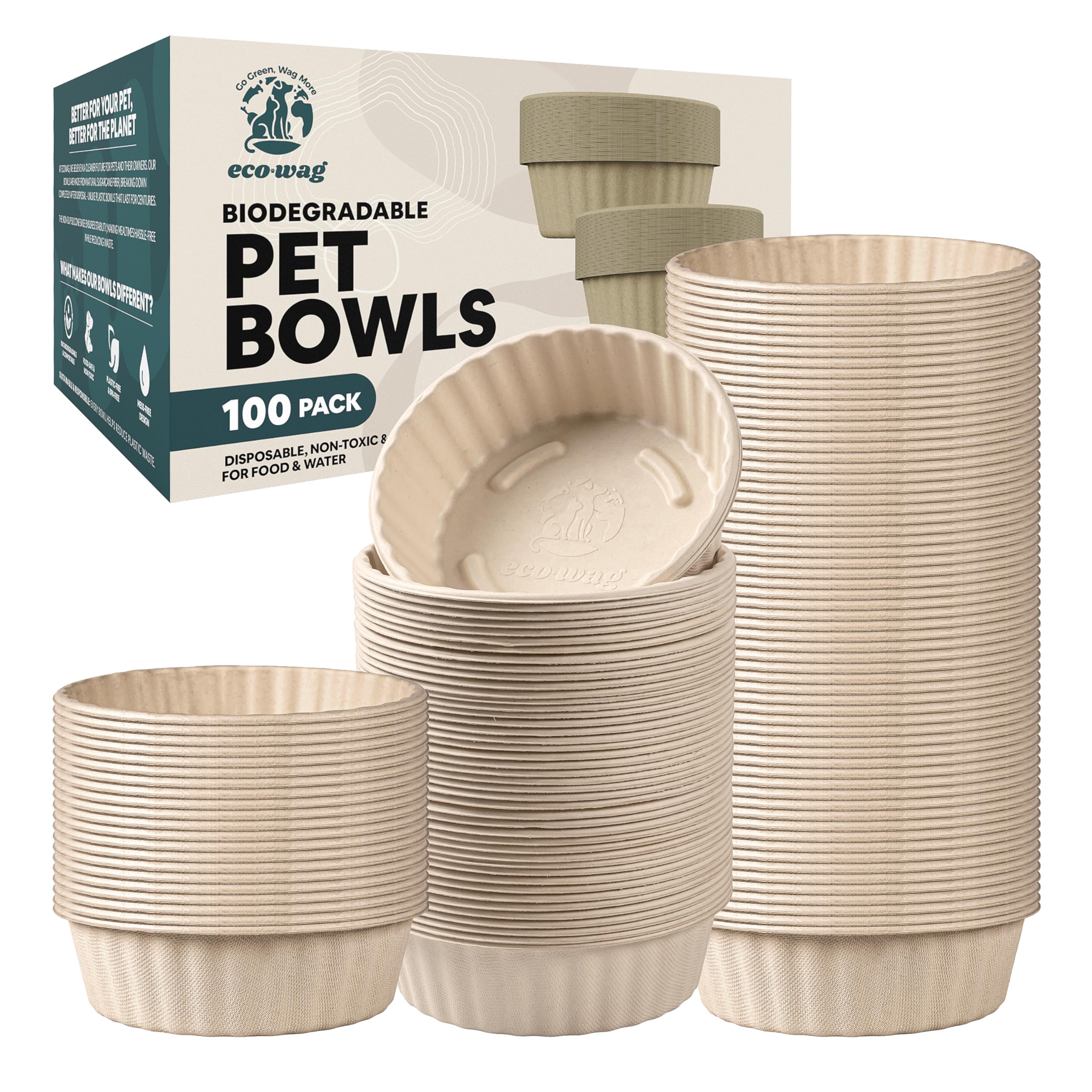 EcoWag 100-Pack 28oz Biodegradable Pet Bowls Refills - Compostable Food & Water Dishes for Dogs & Cats, Heavy-Duty Disposable Pa