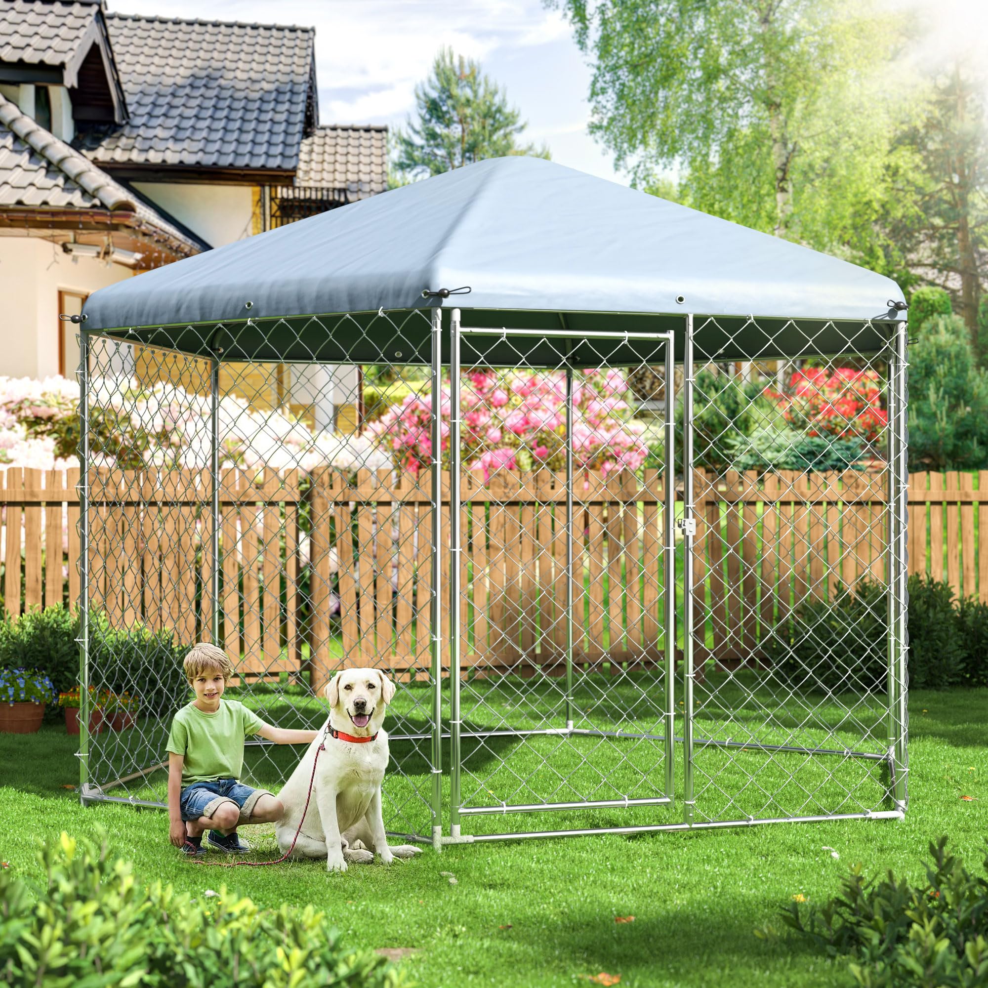 Polar Aurora Outdoor Dog Kennel With Roof,Large Dog Kennel Outside With Metal Gate,Heavy Duty Chain Link Dog Kennel With Secure 