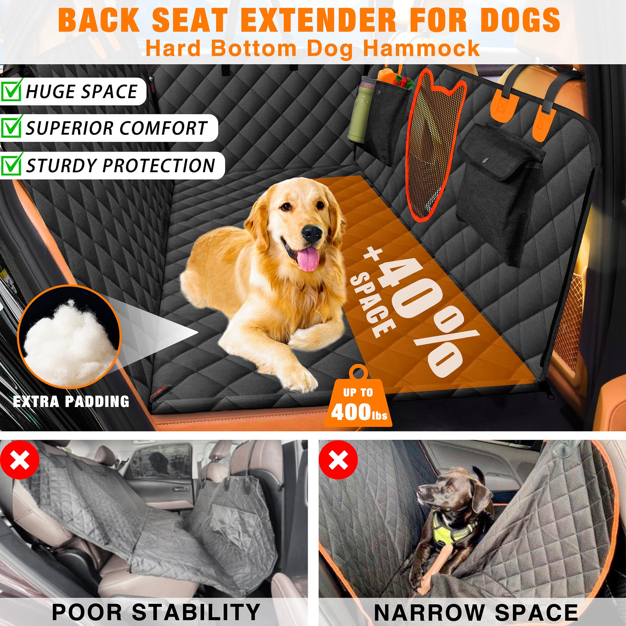 Jxfukal Back Seat Extender For Dogs, Dog Car Seat Cover For Back Seat Waterproof Dog Hammock For Car With Hard Bottom Holds 400L