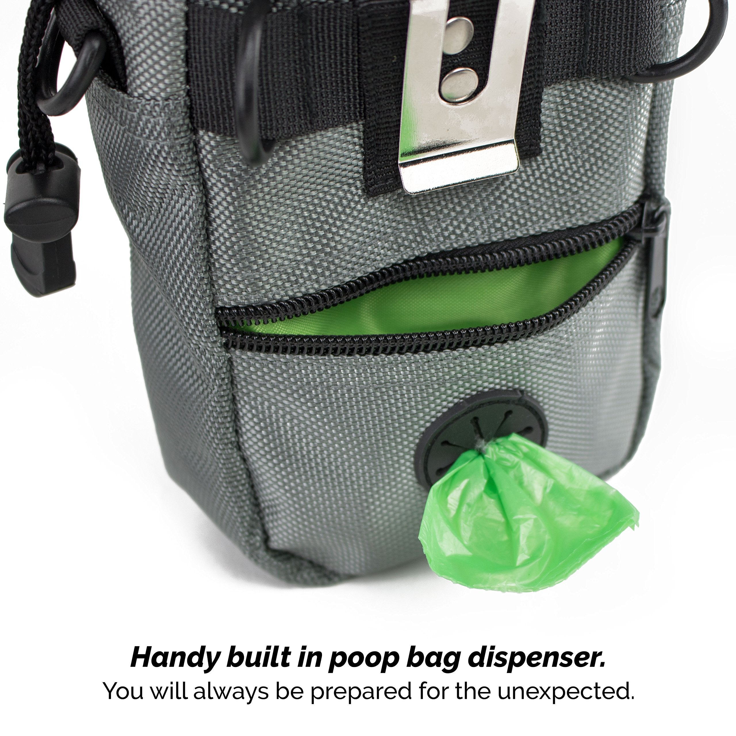 Dog Treat Pouch for Training with Poop Bag Dispenser, Includes 1 Roll of Pet Waste Bags, Metal Clip, Adjustable Waist Belt Makes