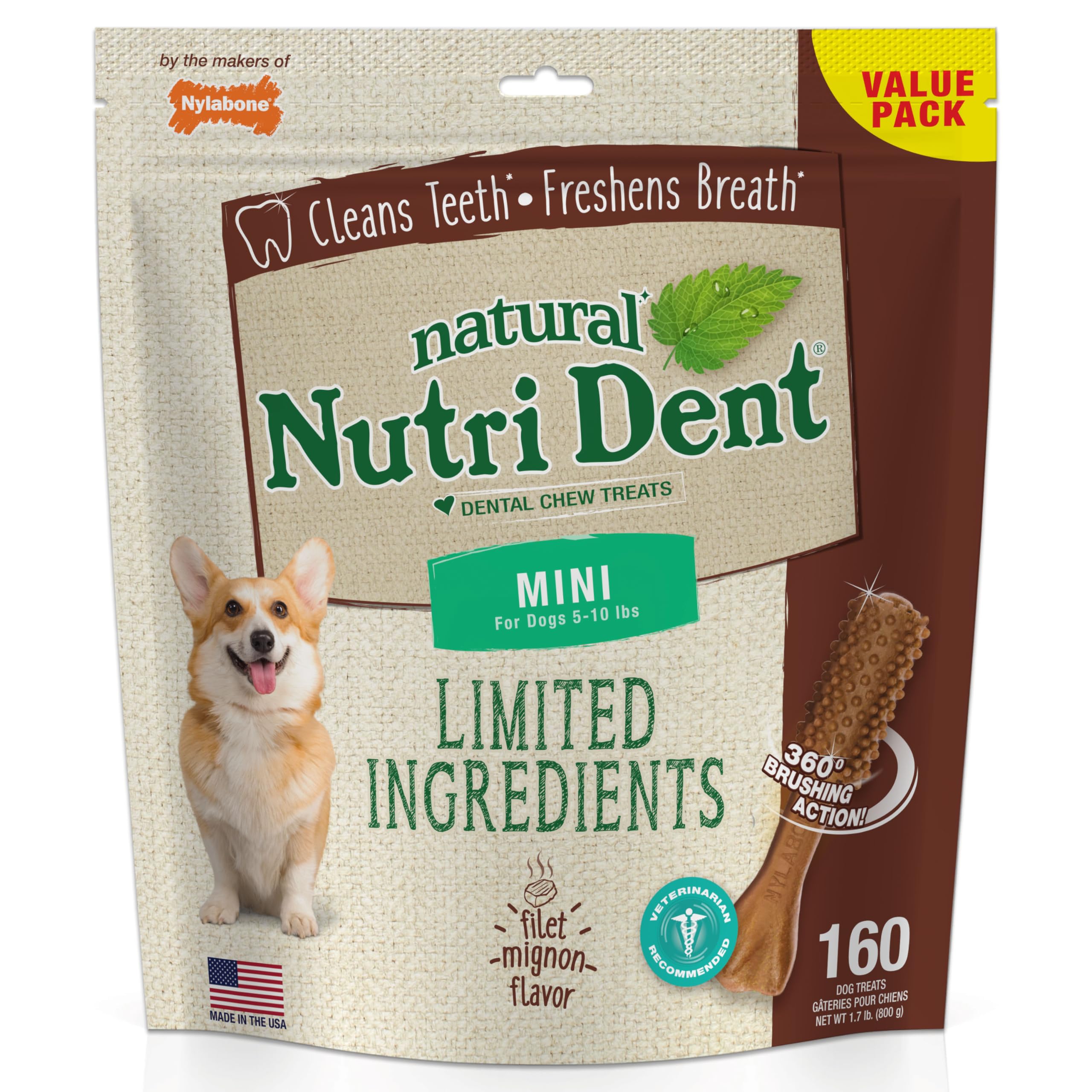 Nylabone Nutri Dent Dog Dental Chews - Natural Dog Teeth Cleaning & Breath Freshener - Dental Treats for Dogs - Filet Mignon Fla