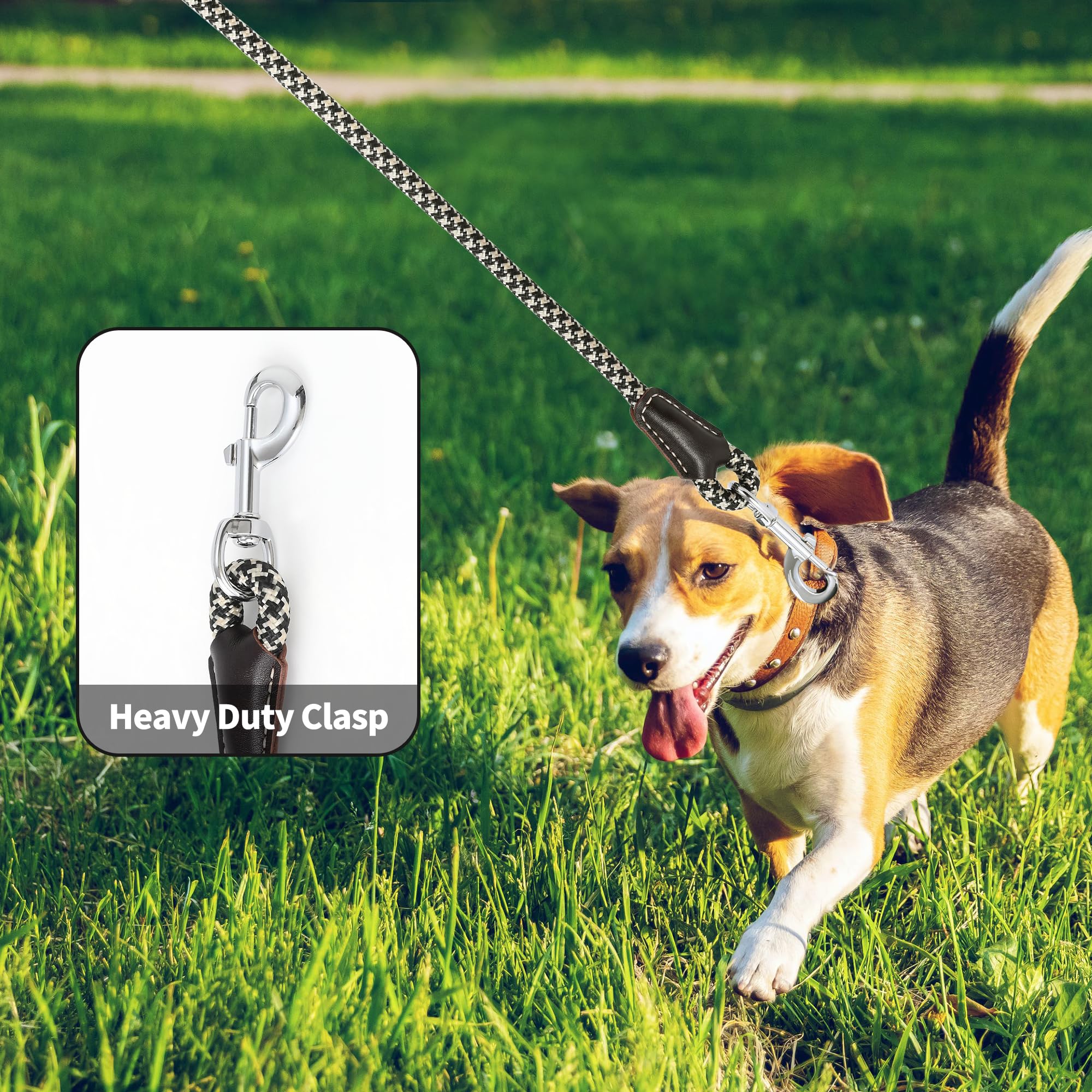 Mile High Life Genuine Leather Wrapped Handle Dog Leash, W Heavy Duty Clasp Rope Leash For Small Medium Large Dogs (Black Khaki,
