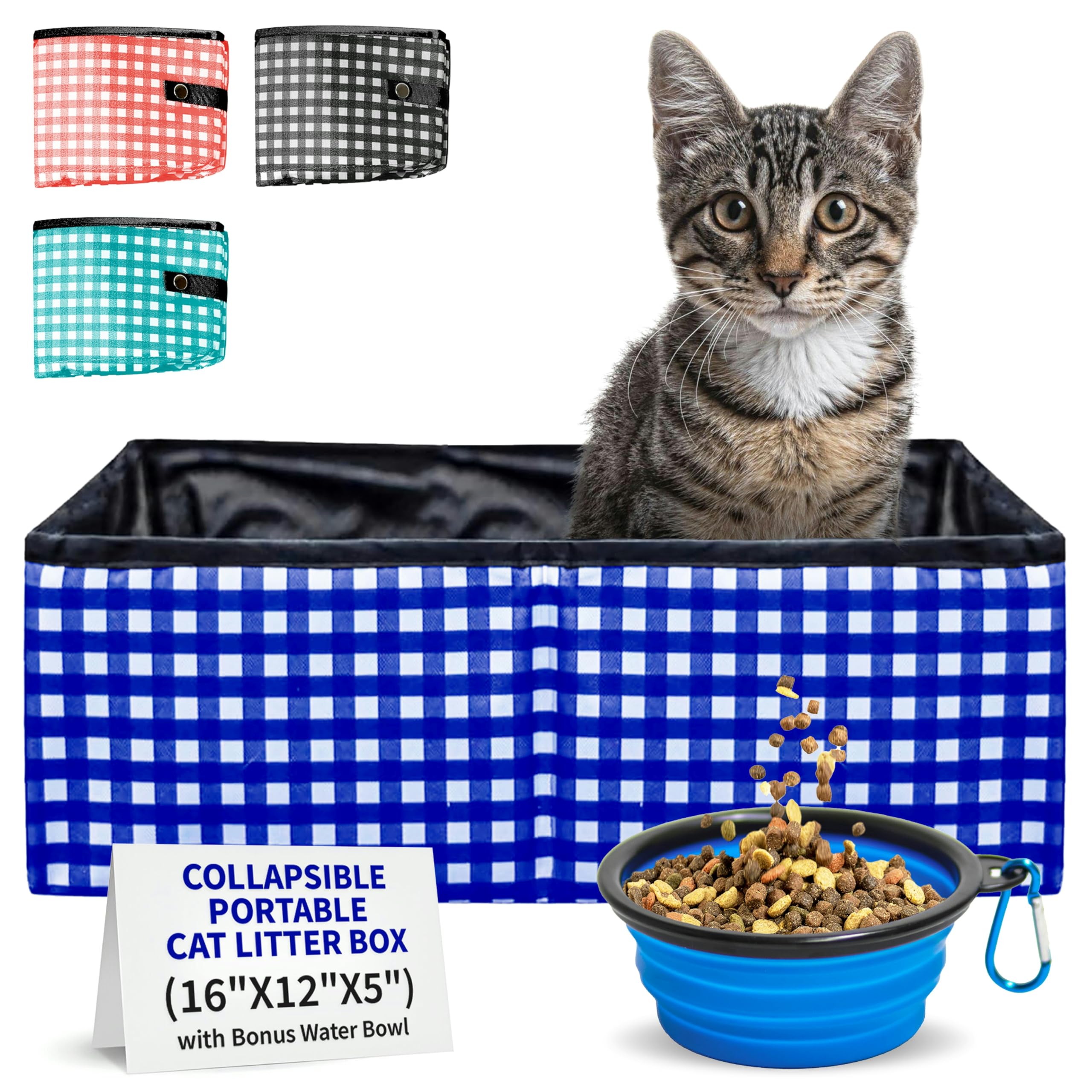 Pet Fit For Life - Vibrant Collapsible Travel Cat Litter Box - Portable, Foldable, Compact Design With Bonus Water Bowl - Ideal For Car & Camping - Reusable, Cats Safe - Blue, (16'X12'X5')