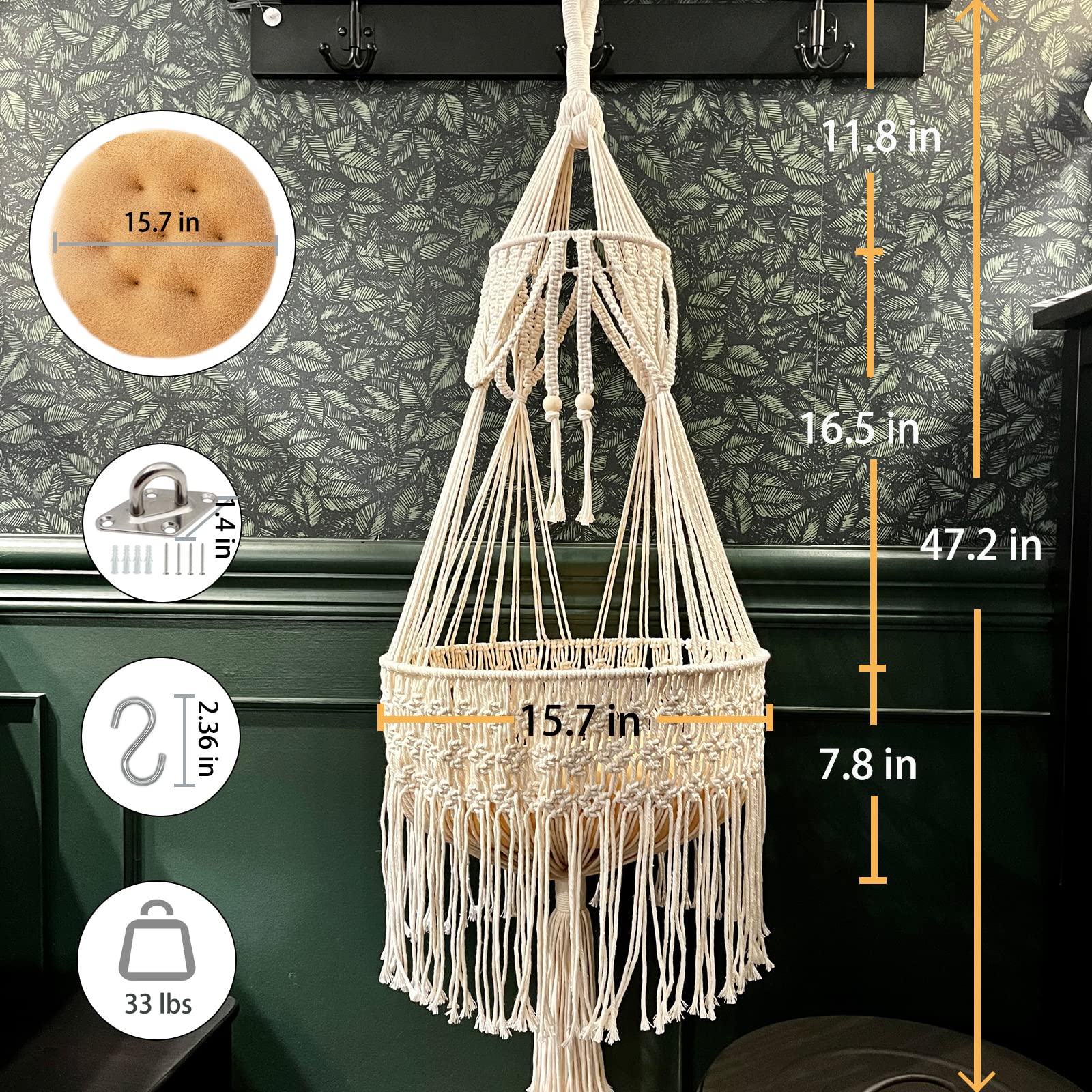 TOYAFUN Macrame Cat Hammock - Large Beige Cotton Bed for Indoor/Outdoor Pet Swing, Boho Wall Hanging Decor