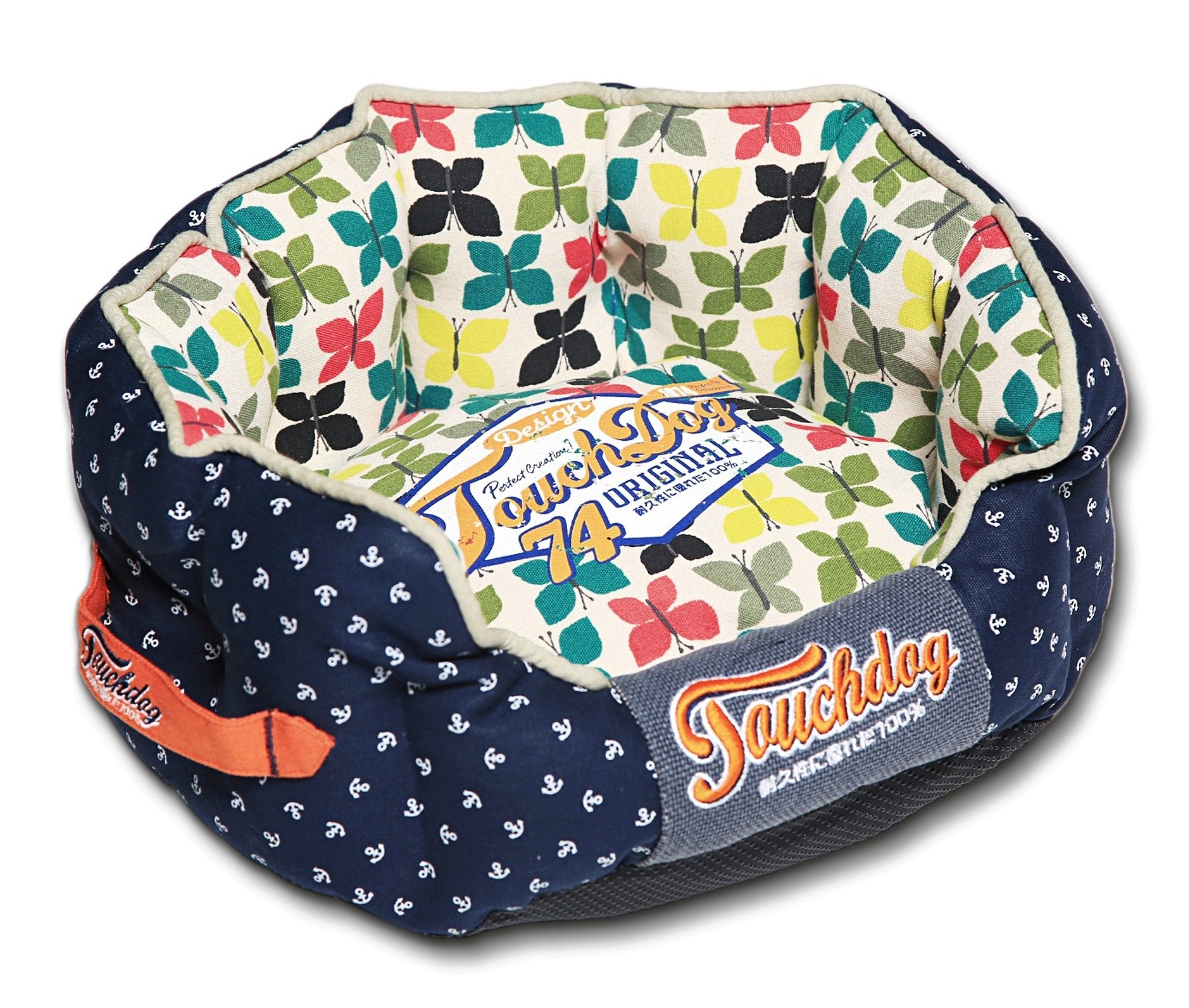 Touchdog Butterfly Rounded Premium Fashion Designer Pet Dog Bed Lounge, Large, Navy Blue, Butterfly Pattern