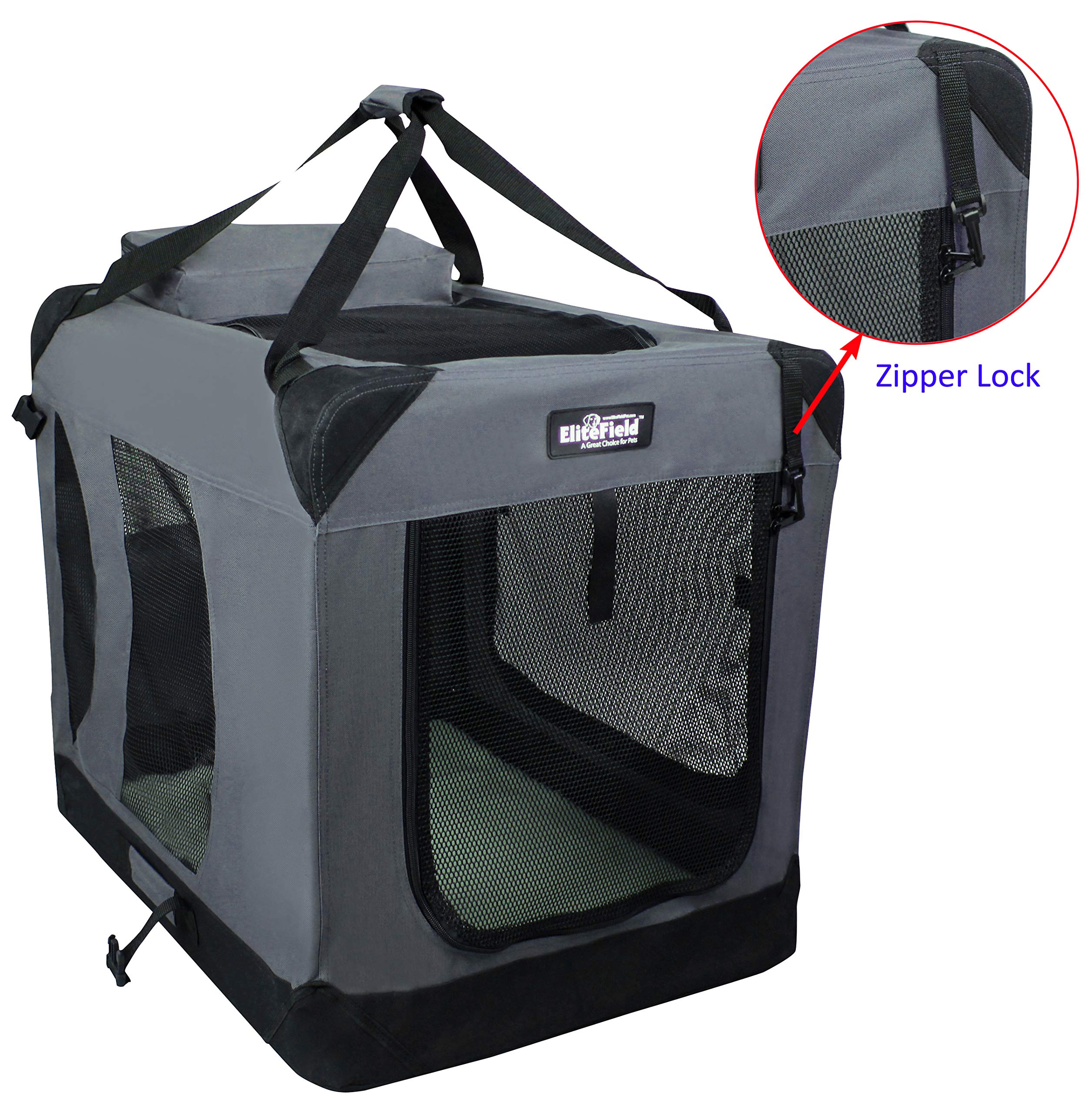 EliteField 3-Door Folding Dog Crate, Gray, 36"x24"x28", Steel, Includes Carrying Bag & Fleece Bed, 2 Year Warranty