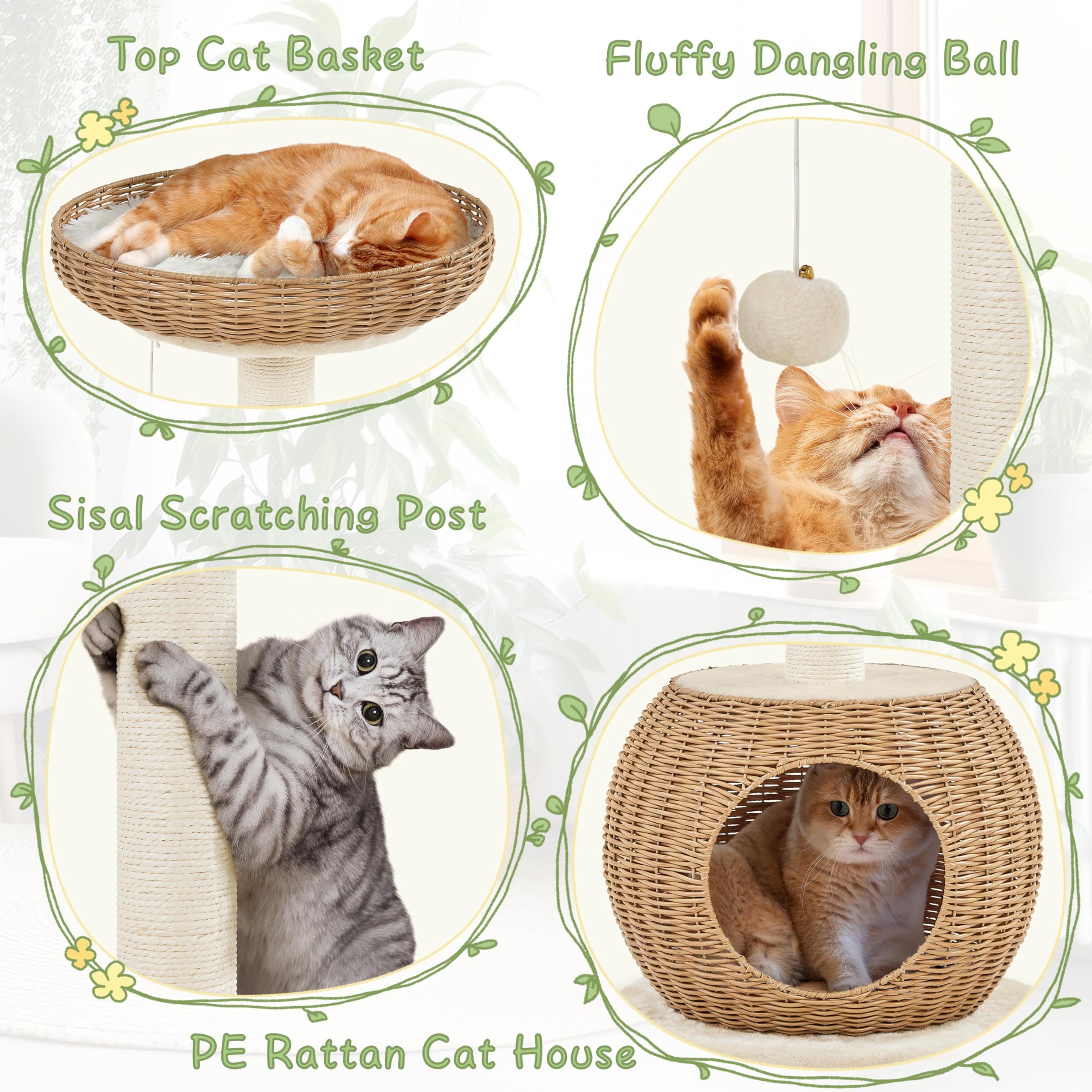 Yaheetech Cat Tree, 29.5In Rattan Cat Tower For Indoor Cats W/Scratching Post, Woven Cat Condo And Soft Cushion Top Perch, Aesth