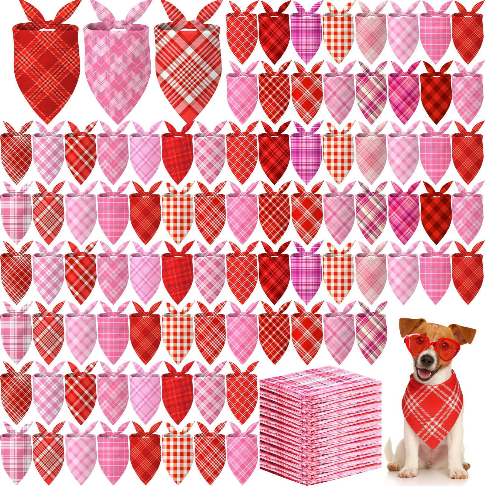 Abbylike 200 Pcs Valentines Day Plaid Dog Bandanas Bulk Pink Red Bandanas for Dogs Triangle Kerchief Bibs Scarf for Pet Costume 