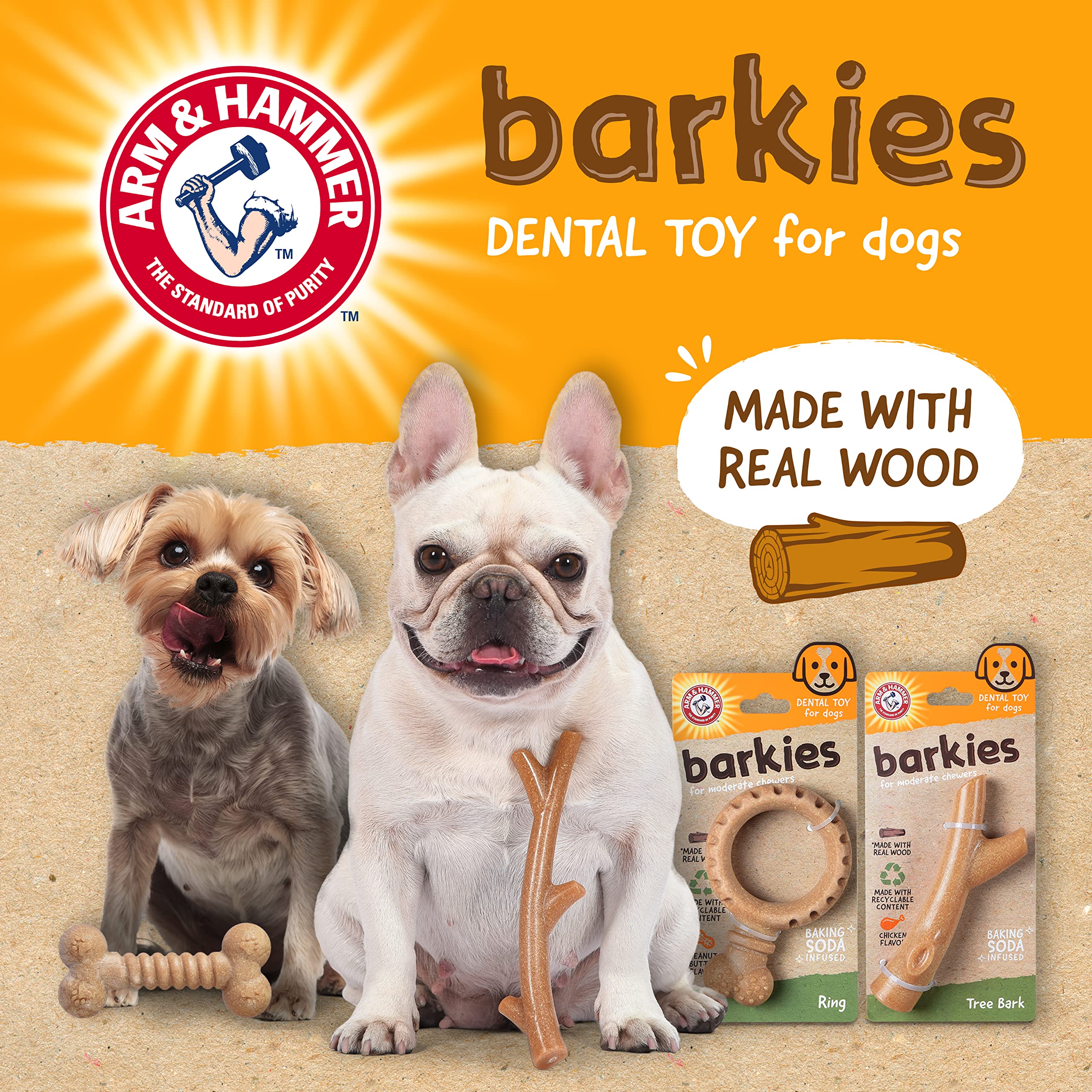 Arm & Hammer For Pets Barkies Tree Branch Compressed Wood Collection, 8 Inch Bacon Flavored Wood Blend Chew Toy For Dogs | Faux Stick, Splinter-Free, Safer & Durable Alternative To Chewing Sticks