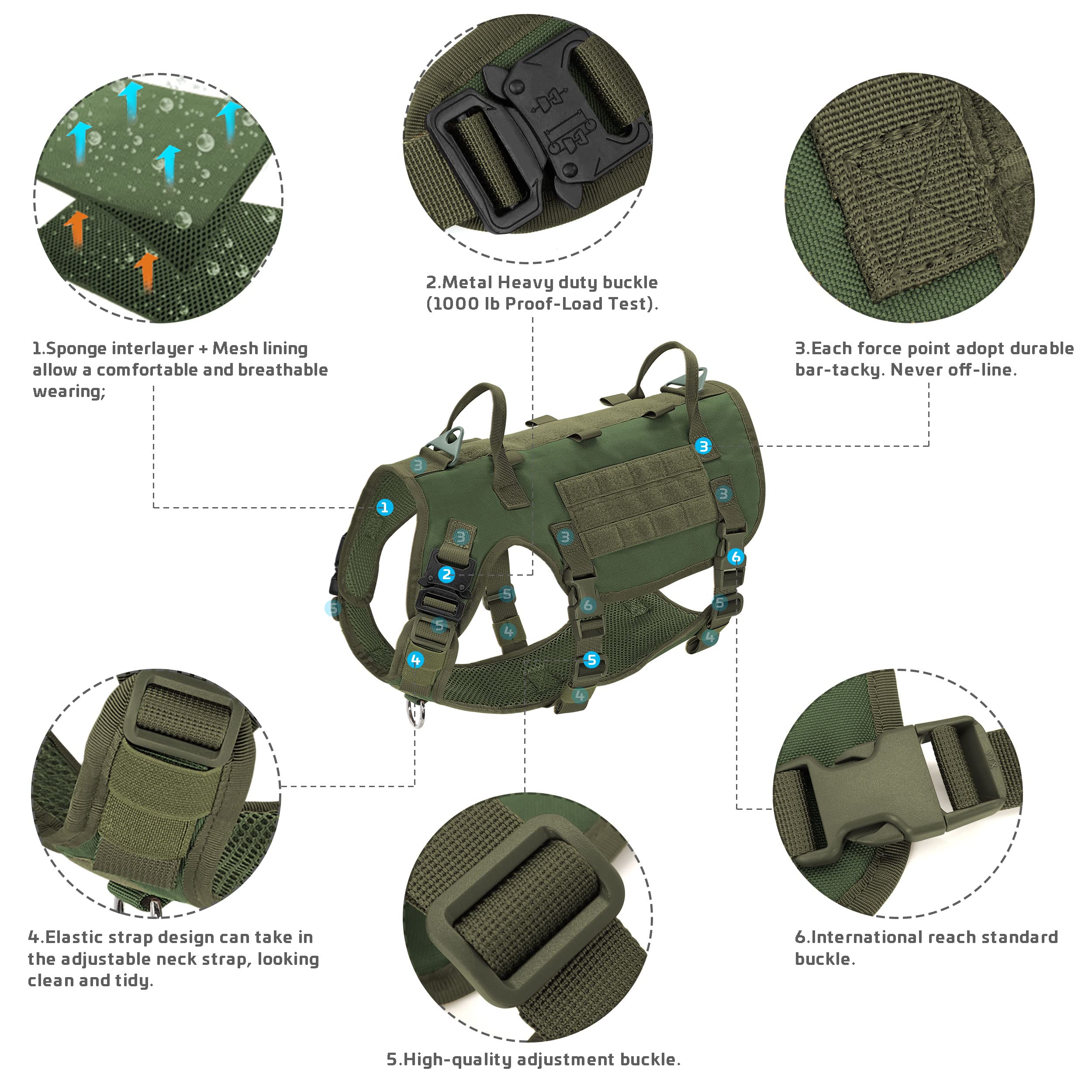 Forestpaw Tactical Dog Vest Harness And Easy Control Training Dog Collar With Bungee Dog Leash Set No Pull Military Dog Harness With Backpack For Medium Large Dogs-Green L