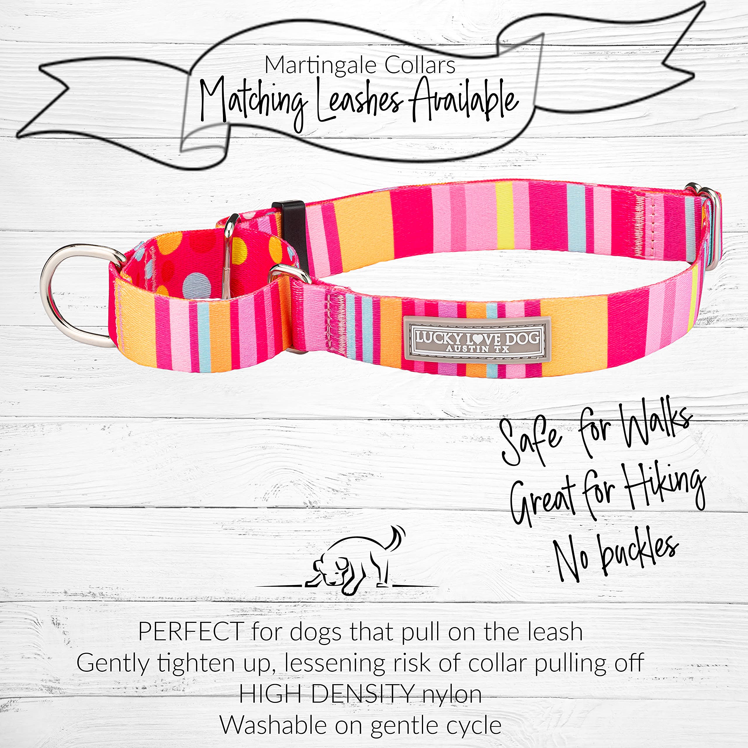 Lucky Love Dog, Colorful Stripes Martingale Dog Collar, Yellow, Pink, Blue Color No Slip Dog Collar - (Small, Molly Martingale)