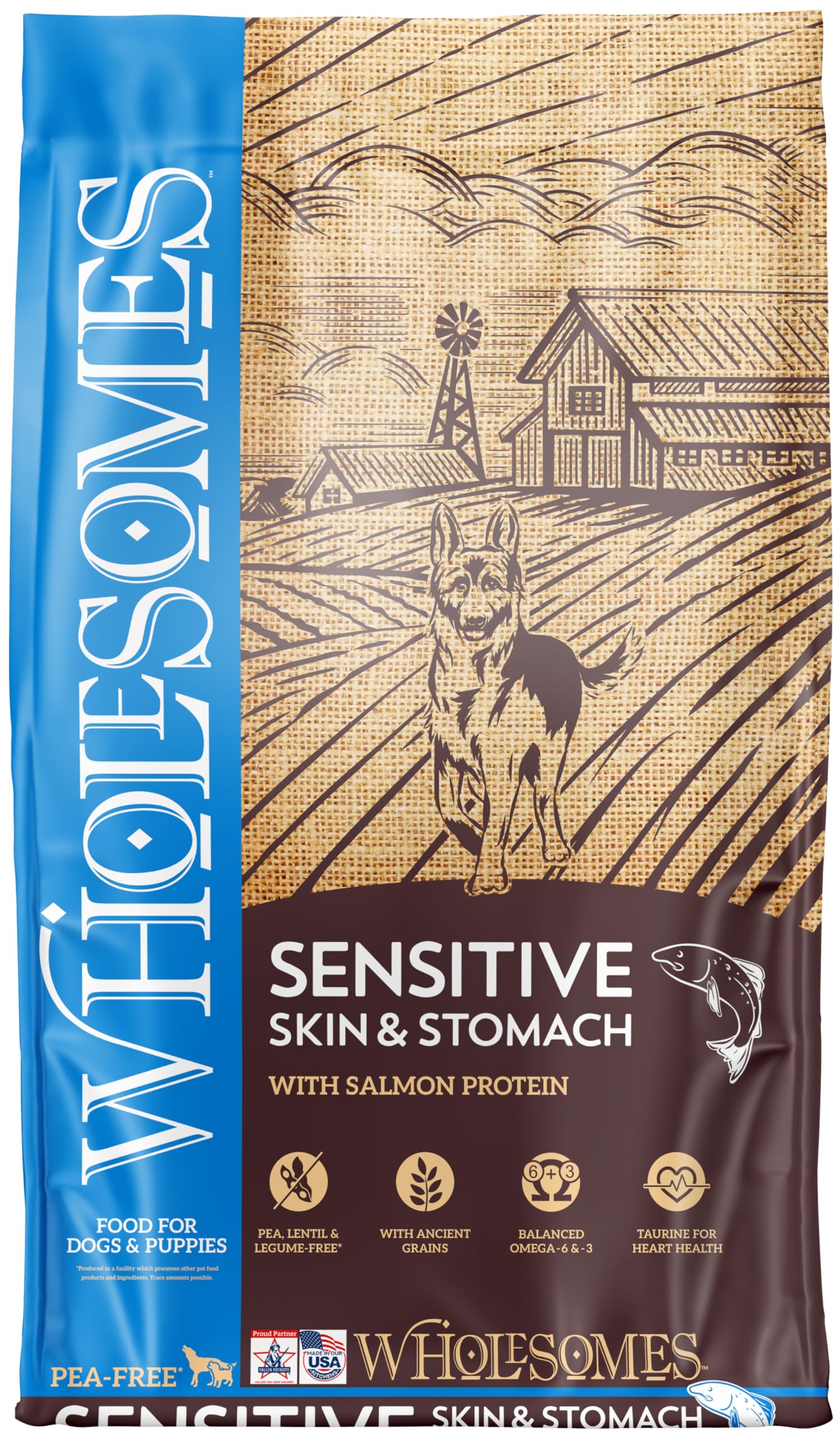 Wholesomes Sensitive Skin & Stomach Dry Dog Food, Salmon Protein & Brown Rice Recipe, Ancient Grains & Omega Fatty Acids for Dig