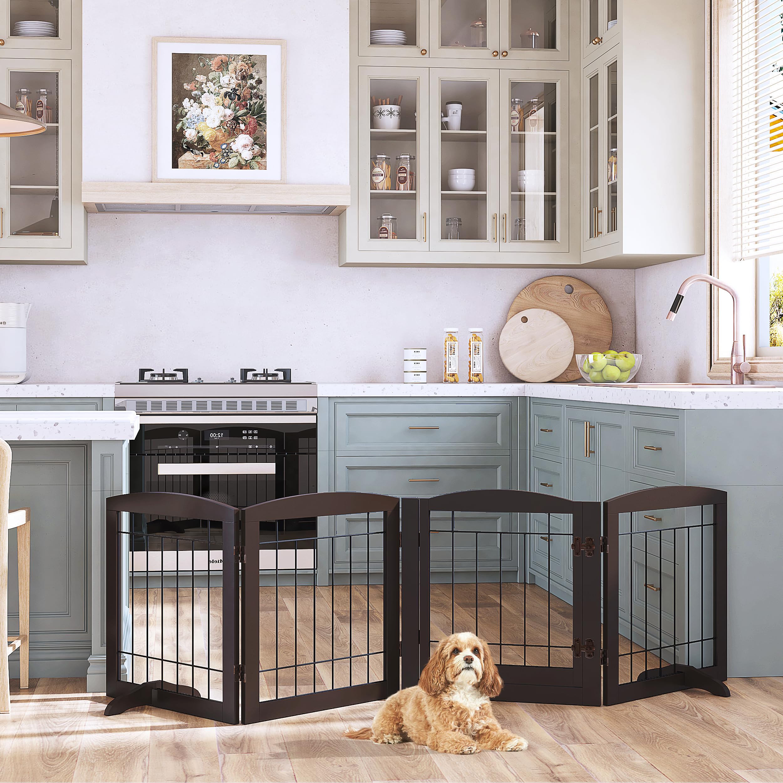 Pawland Free Standing Pet Gate With Door Walk Through, Dog Gate For The House, Doorway, Stairs, 80 Inch Wide Puppy Safety Fence, Support Feet Included, 4 Panels, 24 Inches Tall (Espresso)