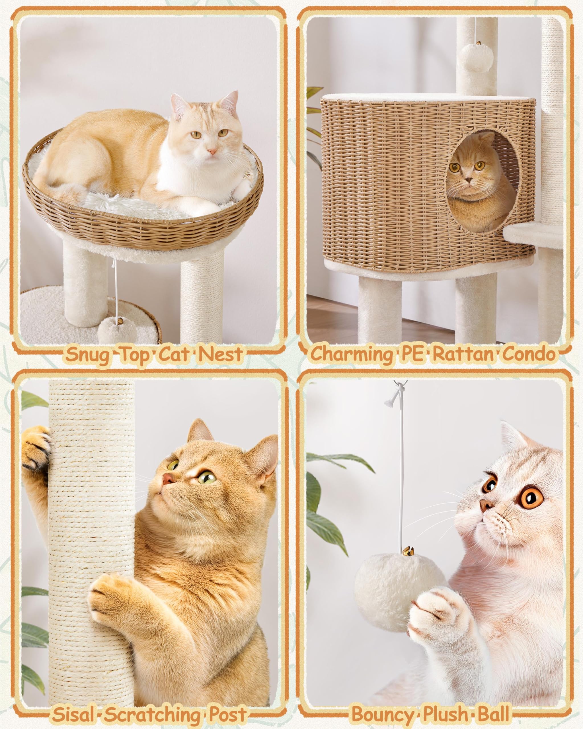 Yaheetech 36in PE Rattan Cat Tree with Big Perch, Breathable Woven Condo, Extra Long Sisal Scratching Post, Washable Cushion, Na
