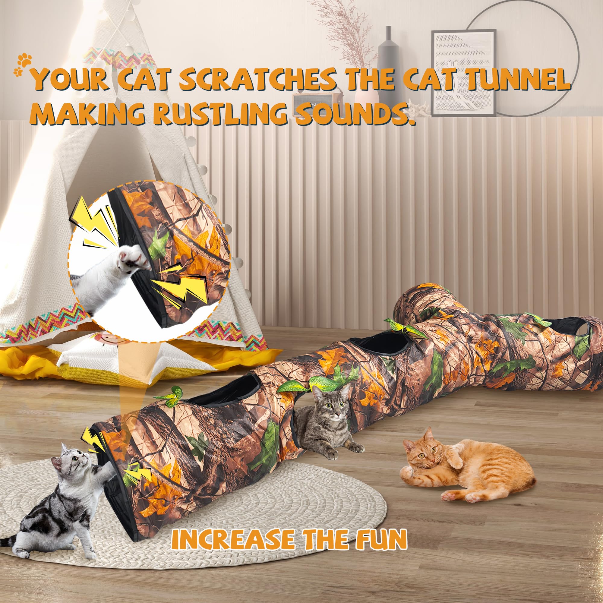 GRETMIX Cat Tunnels for Indoor Cats Large, 3 Way Cat Tunnel with 5 Holes and Leaves, Cat Tunnel Toy with Loud Paper - Pop Up Col