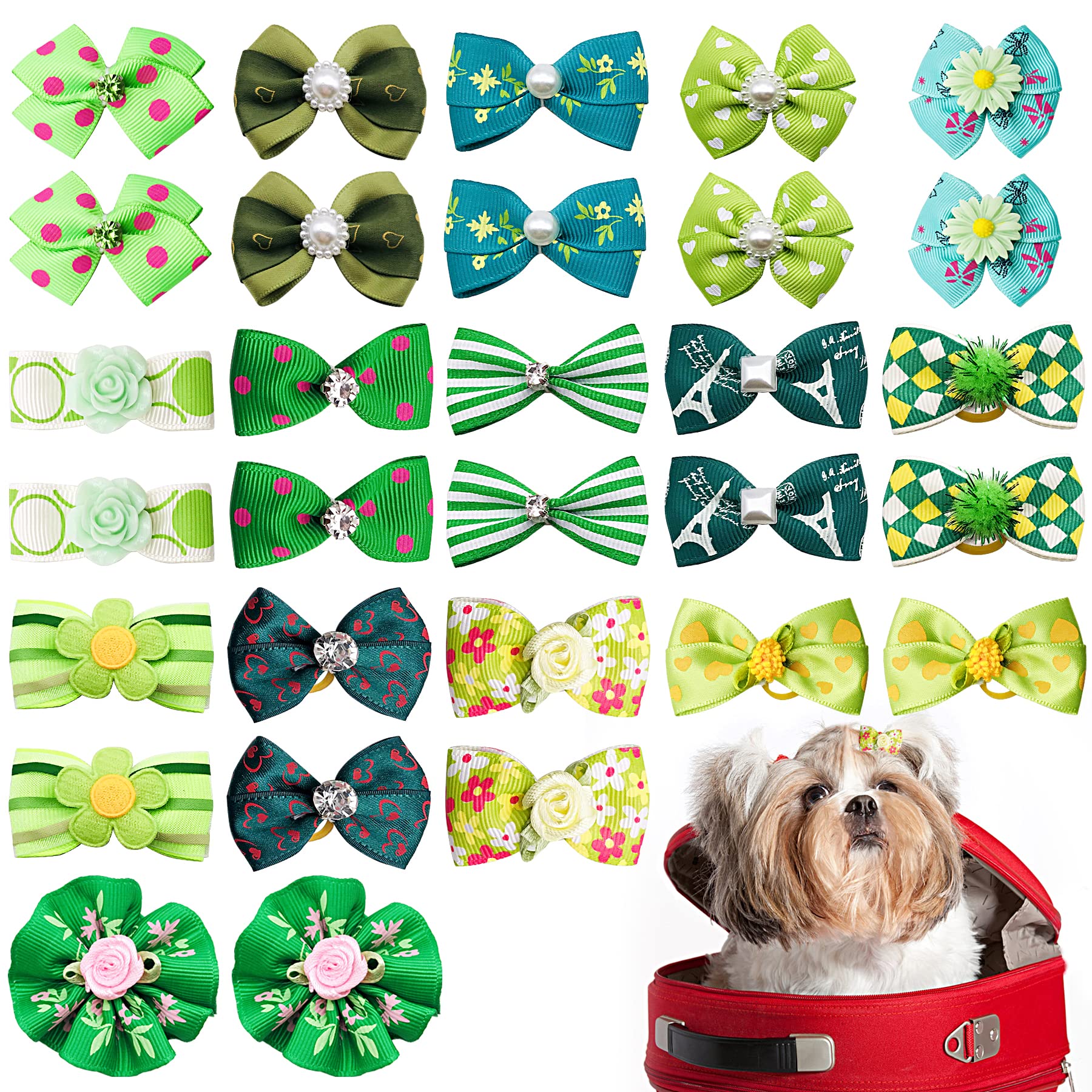 Jpgdn 30Pcs/15Pairs Green Dog Hair Bows With Rubber Bands Puppy Hair Bowknot Top Knot Elastic For Girl Female Doggy Cat Rabbit P