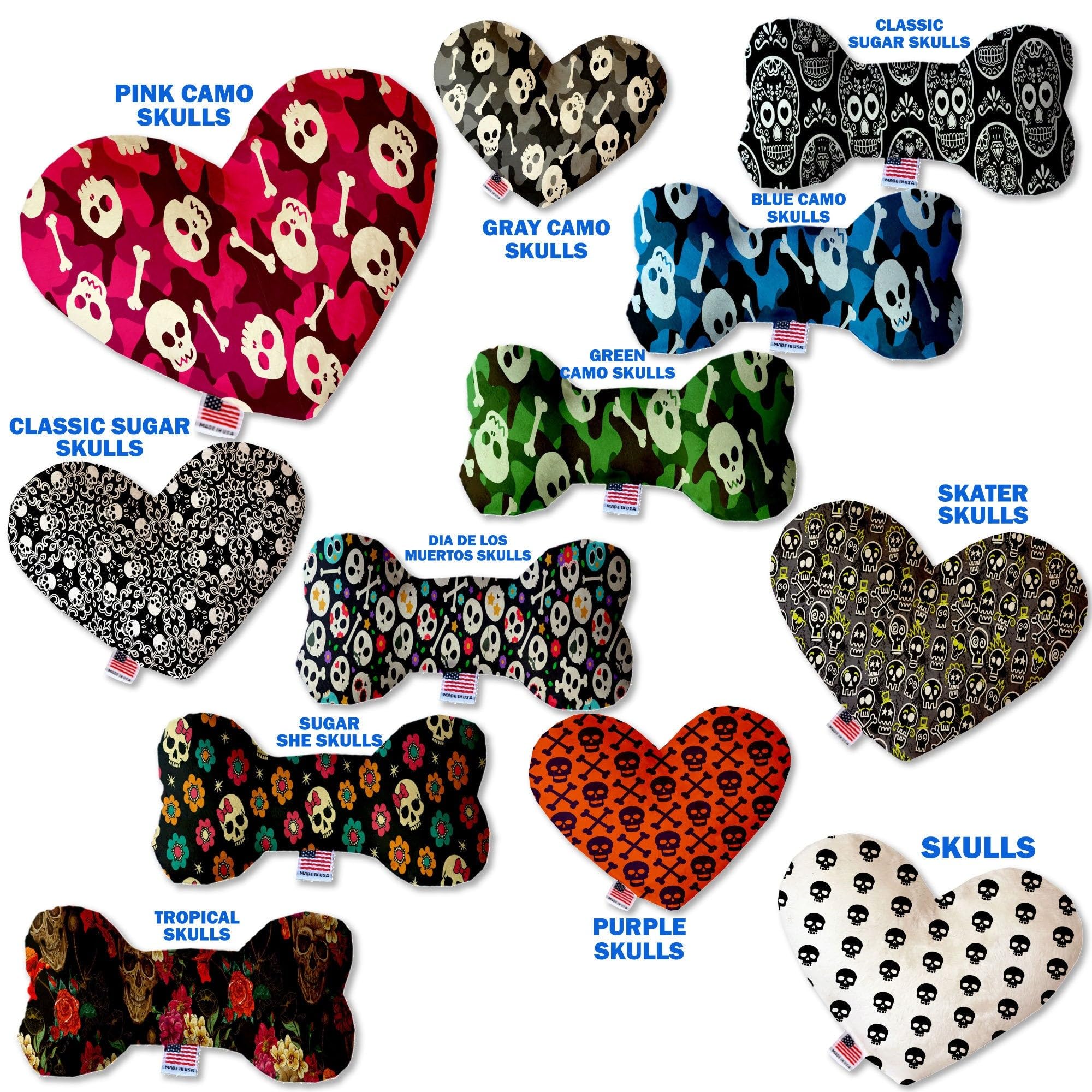Pet and Dog Plush Heart or Bone Toy, &quot;Skulls Group&quot; (Available in different sizes, and 12 different pattern options!) Sugar She Skulls 6&quot; Plush Bone