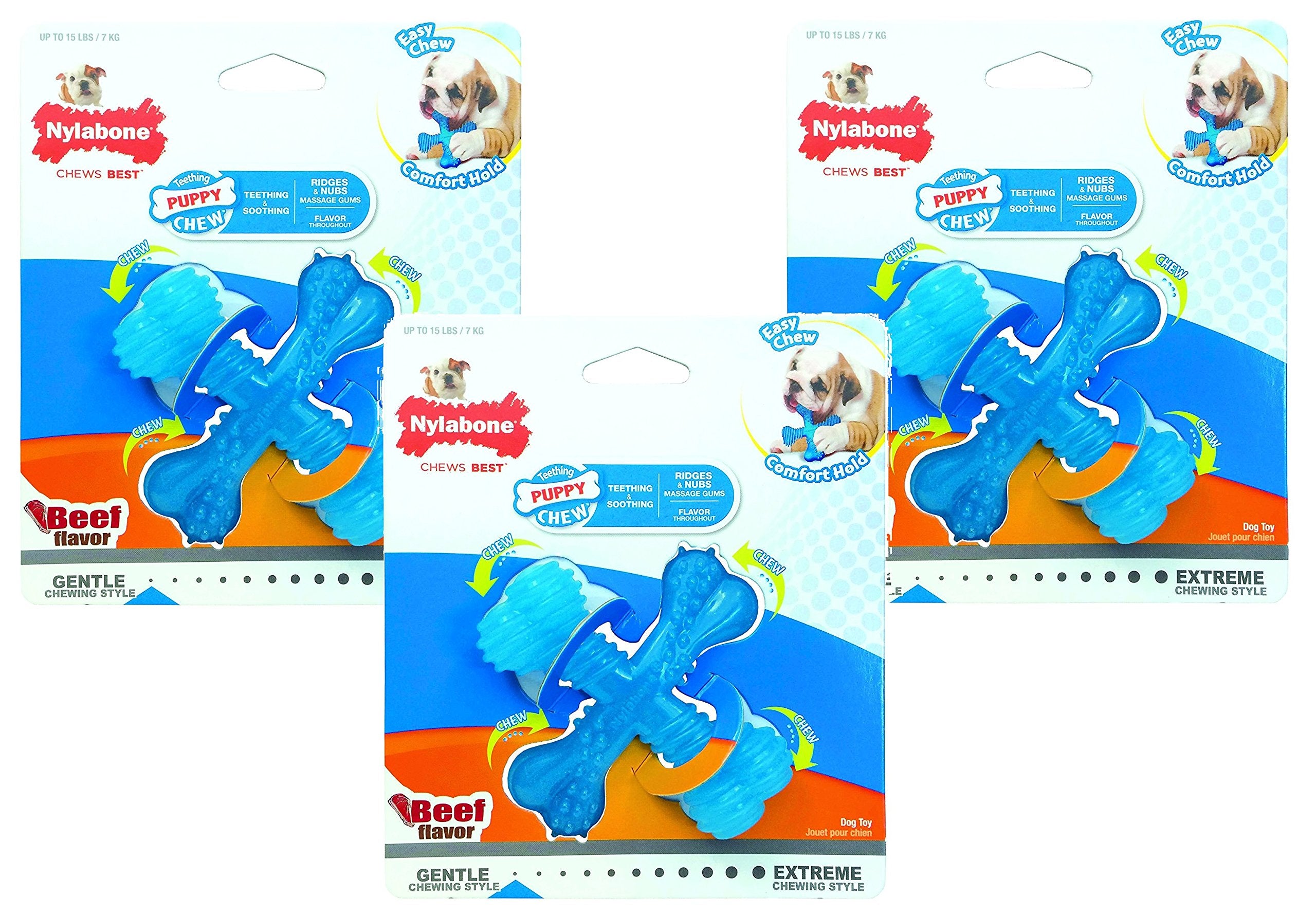 Nylabone 3 Pack Of Puppy X Bone Beef Flavored Chew Toys, For Dogs Up To 25 Pounds