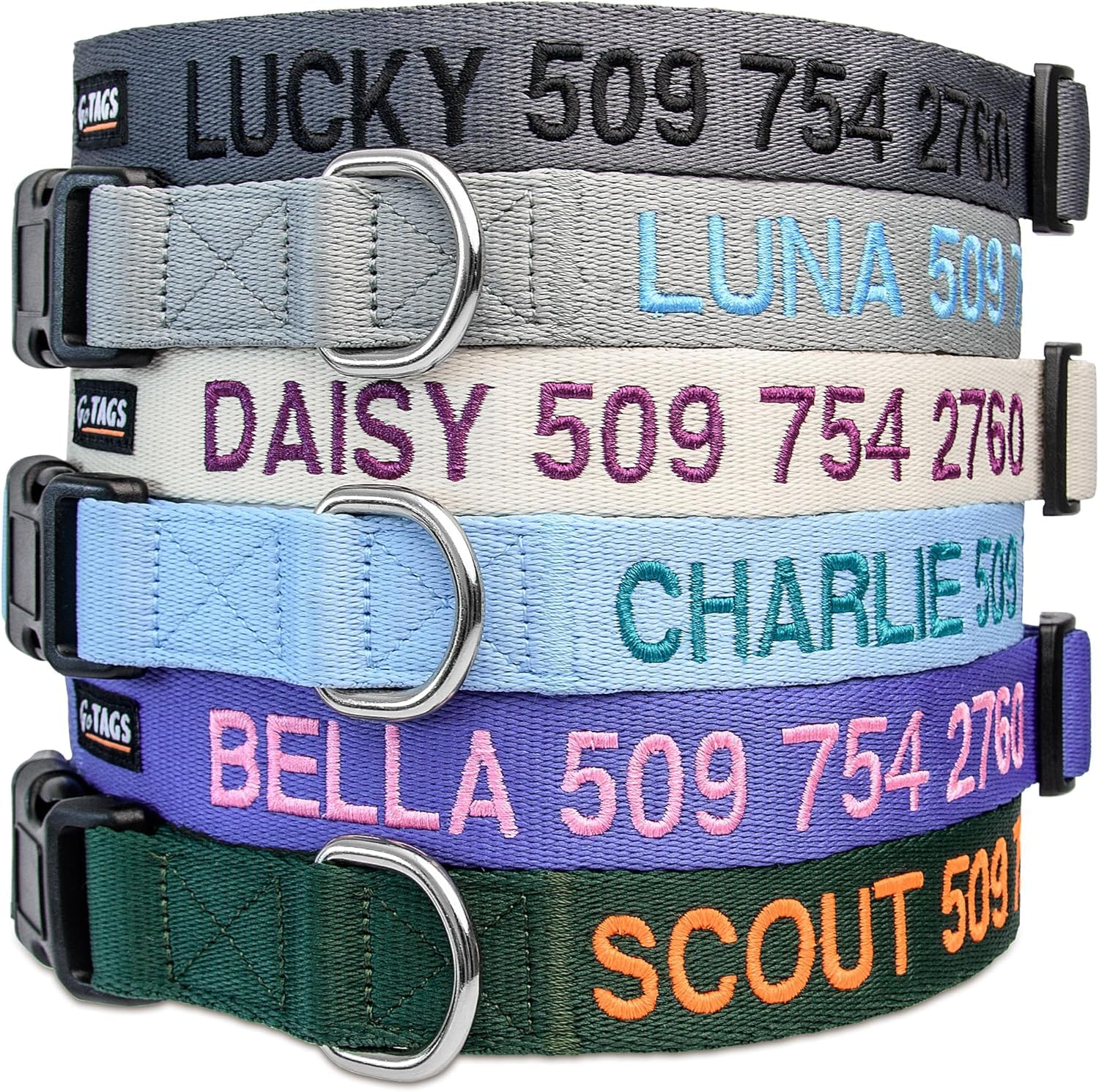 Gotags Personalized Dog Collar, Custom Embroidered Pet Id Dog Collar With Pet Name And Phone Number, Adjustable With Quick Relea
