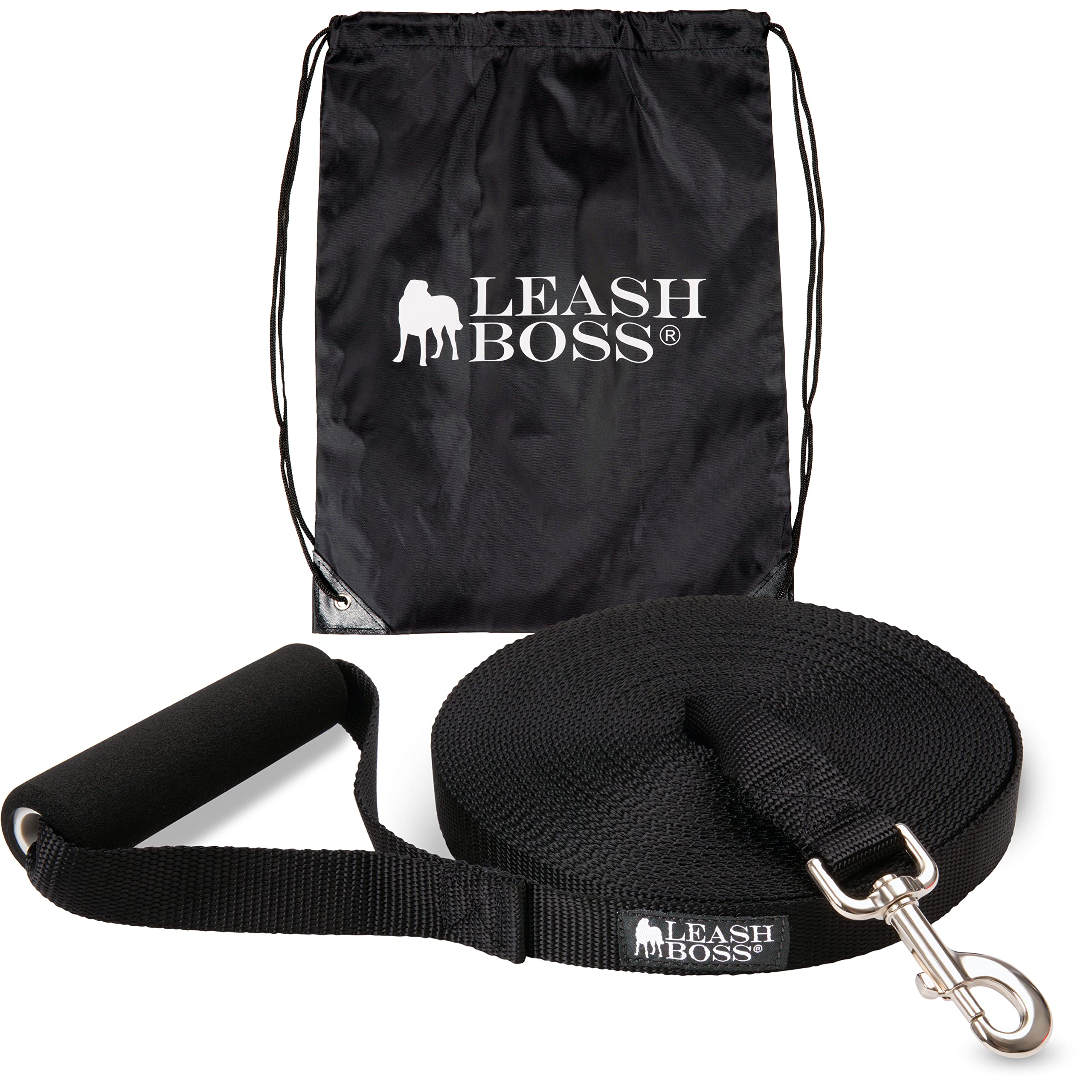 Leash Boss Free Range - Long Dog Leash for Large Dogs + Drawstring Backpack - 1 Inch Nylon Training Lead with Padded Handle (Bla