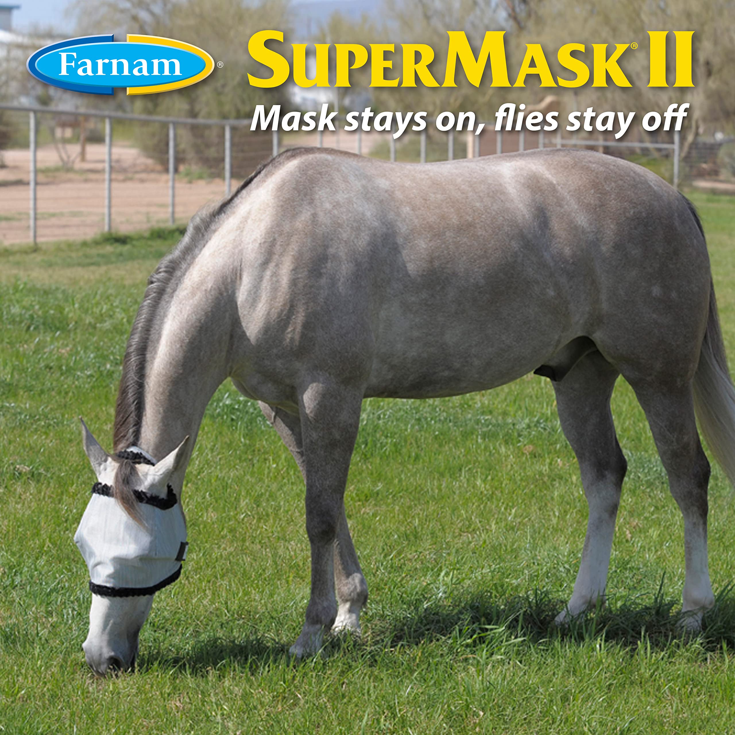 Farnam SuperMask II Shimmer Weave Mesh Horse Fly Mask Without Ears, Eye Protection from Insect Pests, Soft Silver Mesh with Blac