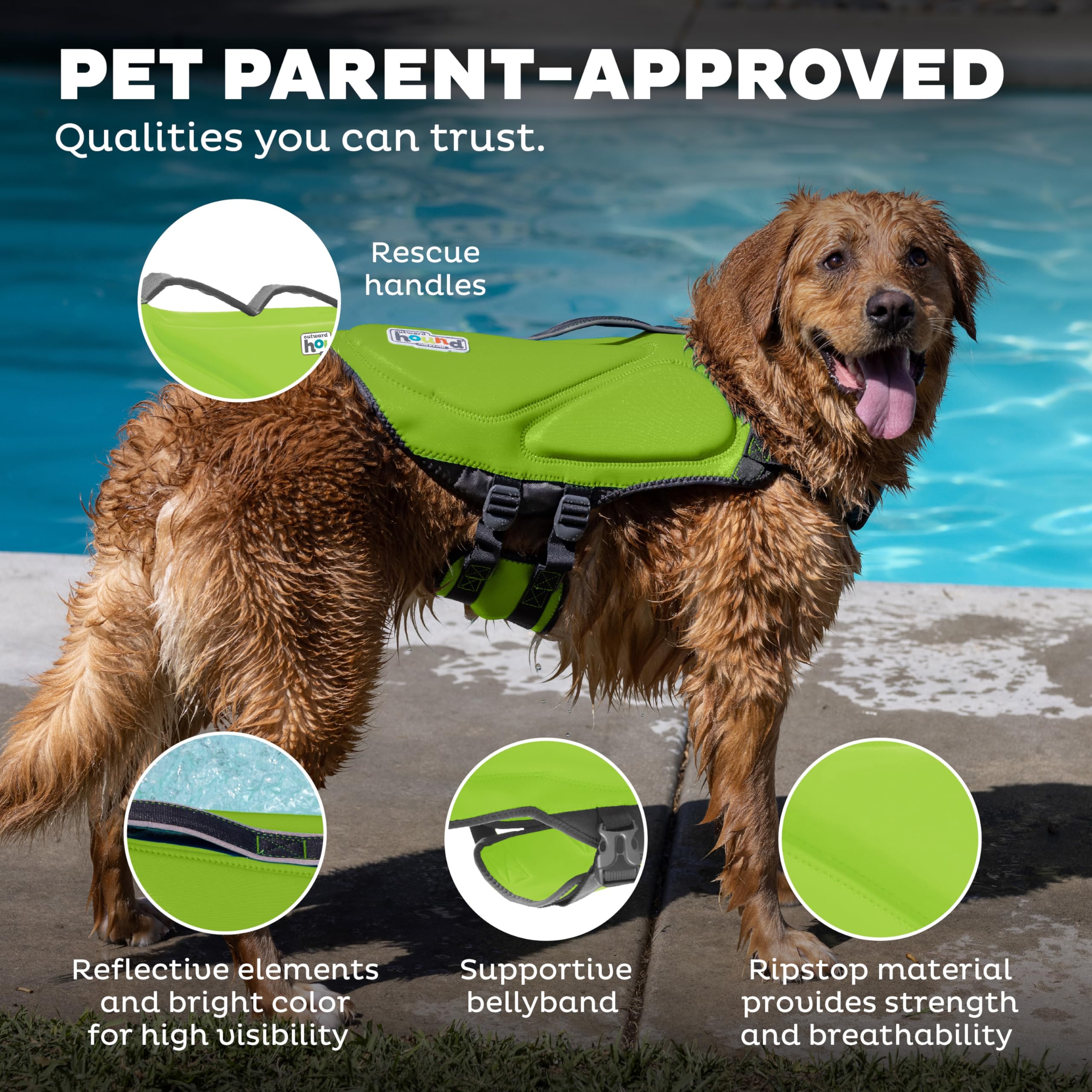Outward Hound Dawson Swim Green Dog Life Jacket, Medium