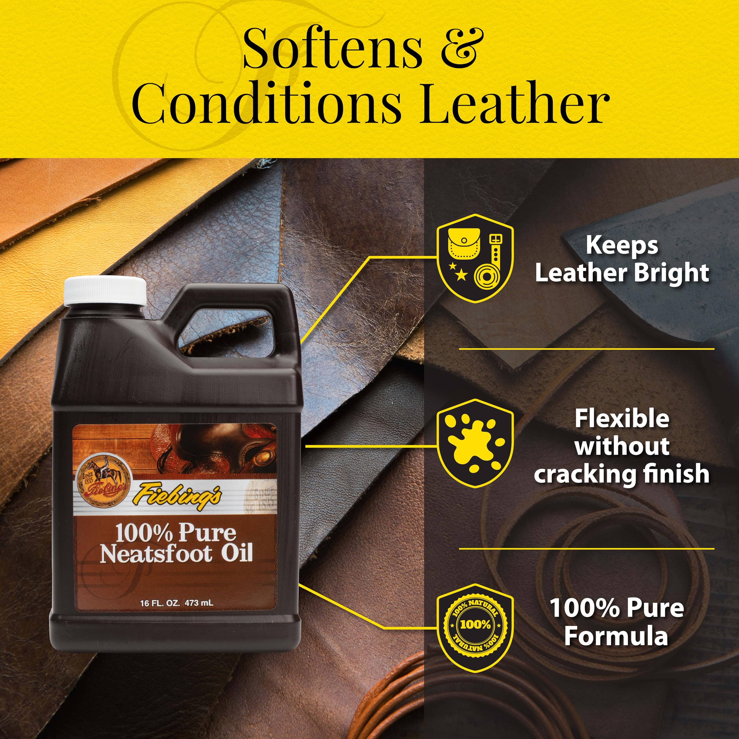 Fiebing'S 100% Pure Neatsfoot Oil 16 Oz - Leather Conditioner & Preservative With All Natural Animal Oil - Waterproof, Soften, Restore, & Strengthen Leathercraft Shoe, Boot, Belt, Saddle, Couch, Purse