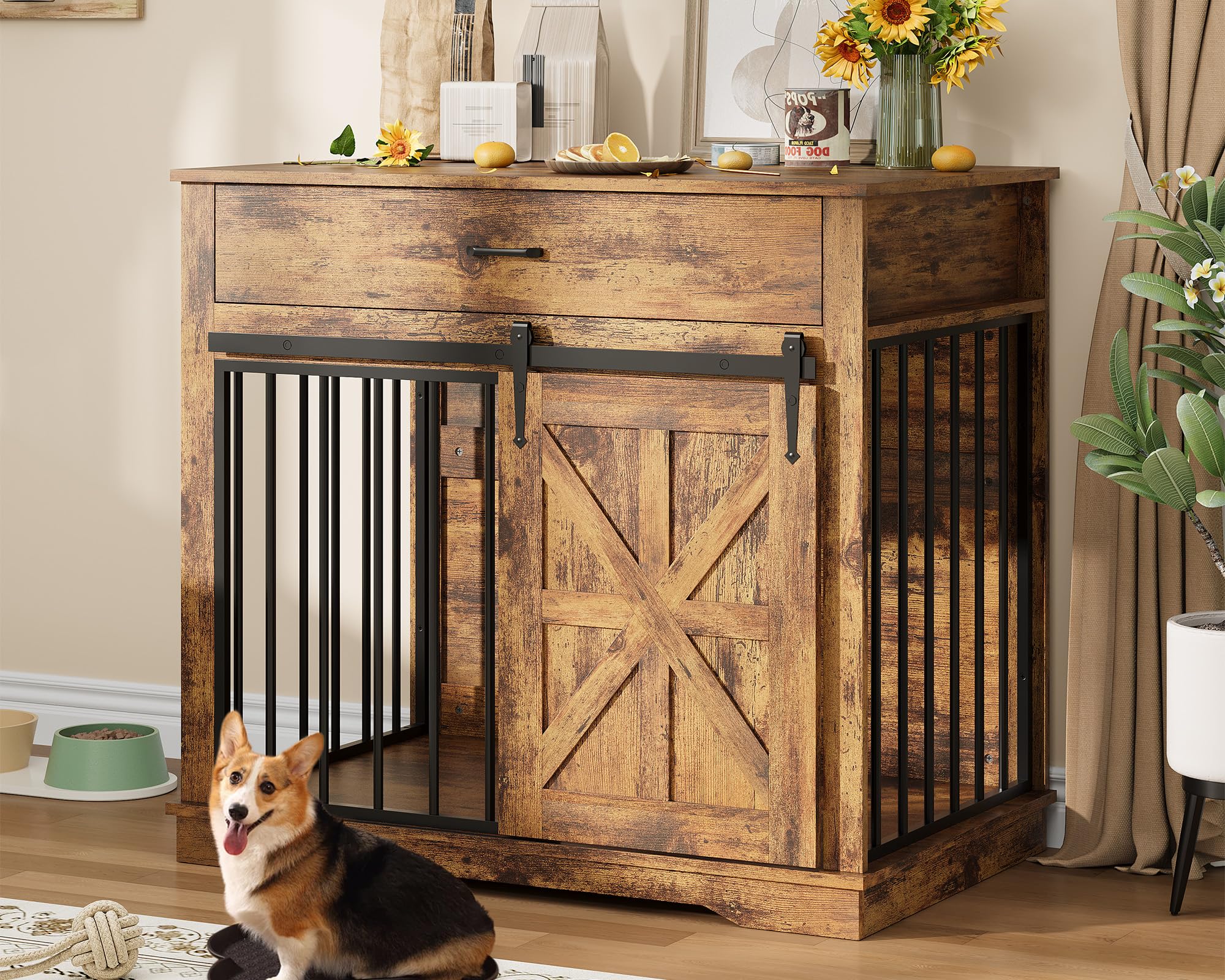 GarveeHome Dog Crate Furniture, 37.8 Large Dog Kennel Indoor, Wooden Kennel Table with Sliding Barn Door and Storage Drawer, Ind