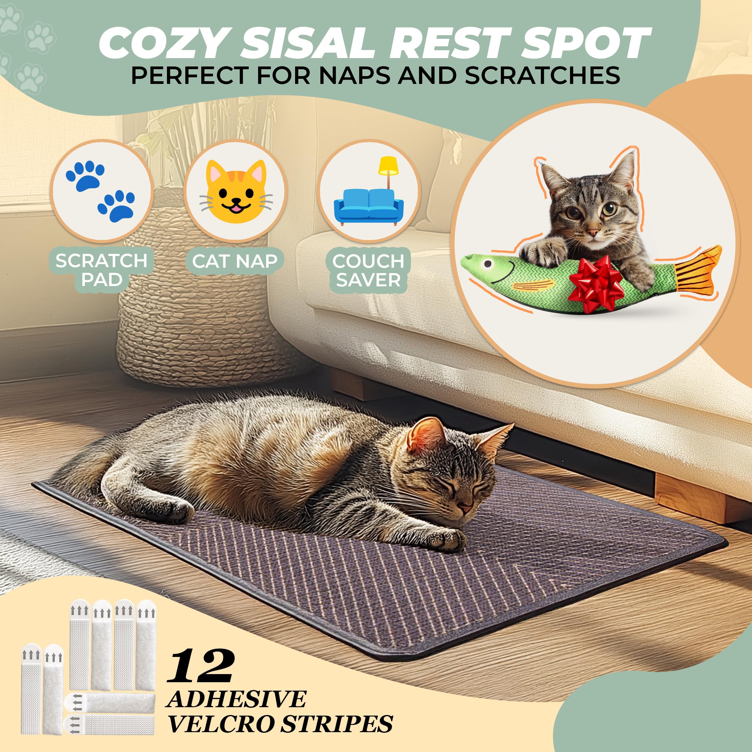 Evomotive Scratchable Sisal Cat Scratcher, [+ Catnip Fish Toy] Cat Wall Scratcher, Couch Protector From Cat Scratching, Sisal Ca