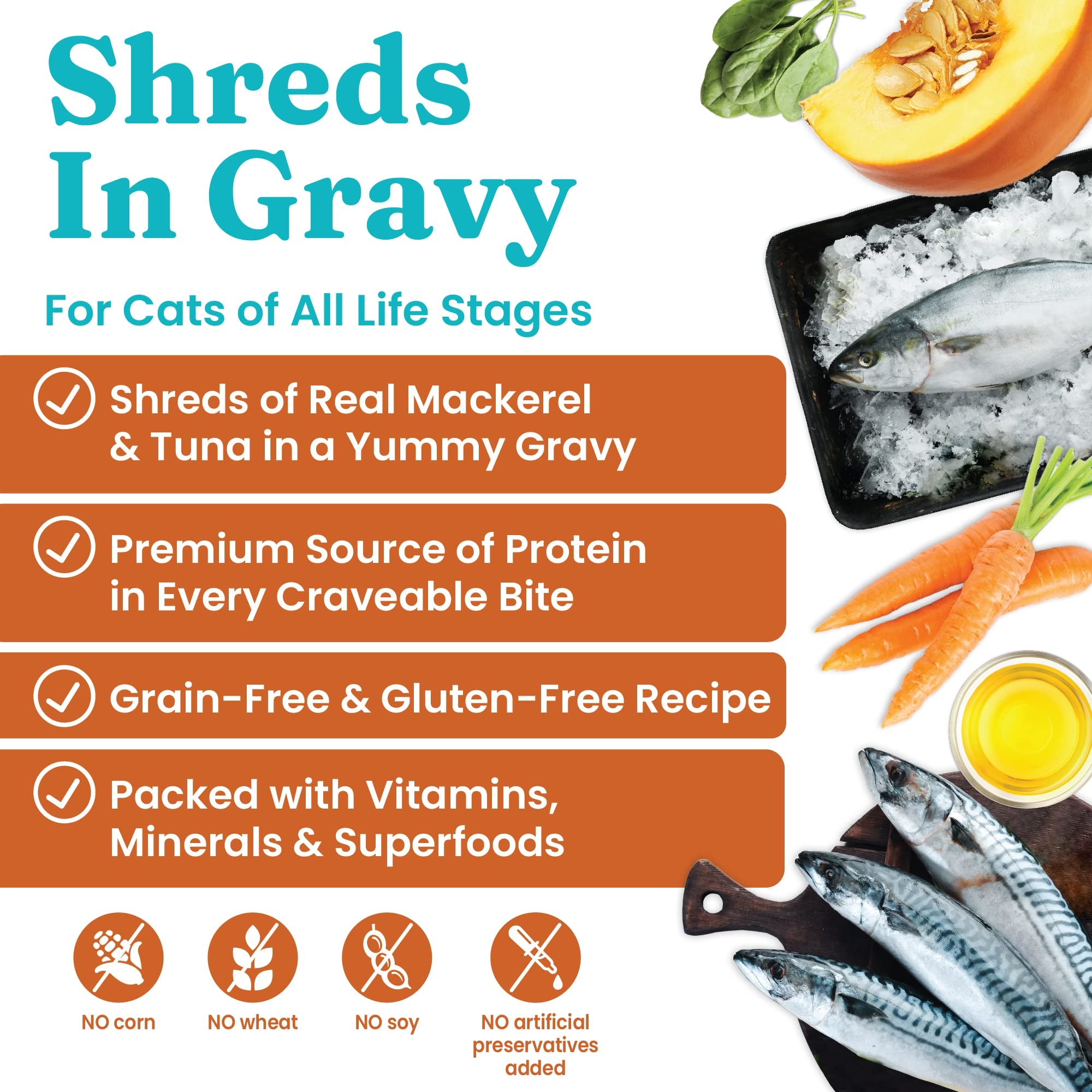 Solid Gold Canned Cat Food - Shredded Tuna & Mackerel in Gravy, Grain & Gluten Free, 16ct/6oz, Superfood, Protein-Rich, Mackerel