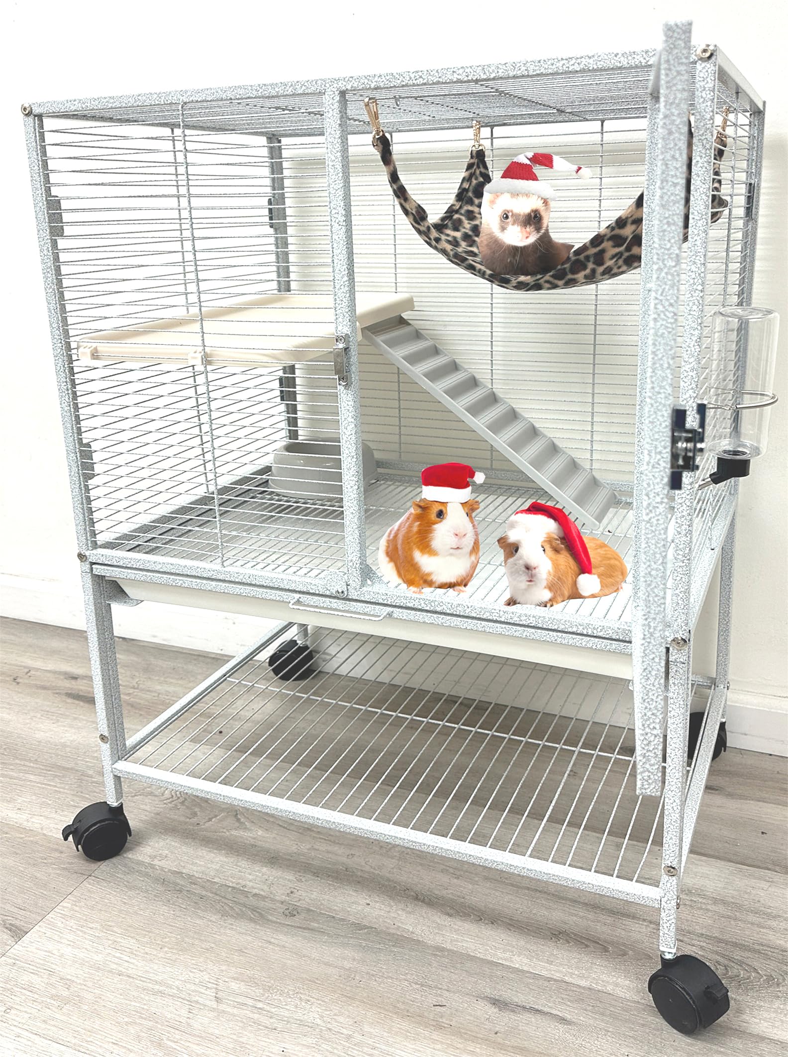 Two Tiers Deluxe Small Animal Critter Home Cage Tight 1/2-Inch Bar Spacing For Feisty Ferret Play Hammock Chinchilla Rat Mice Sq