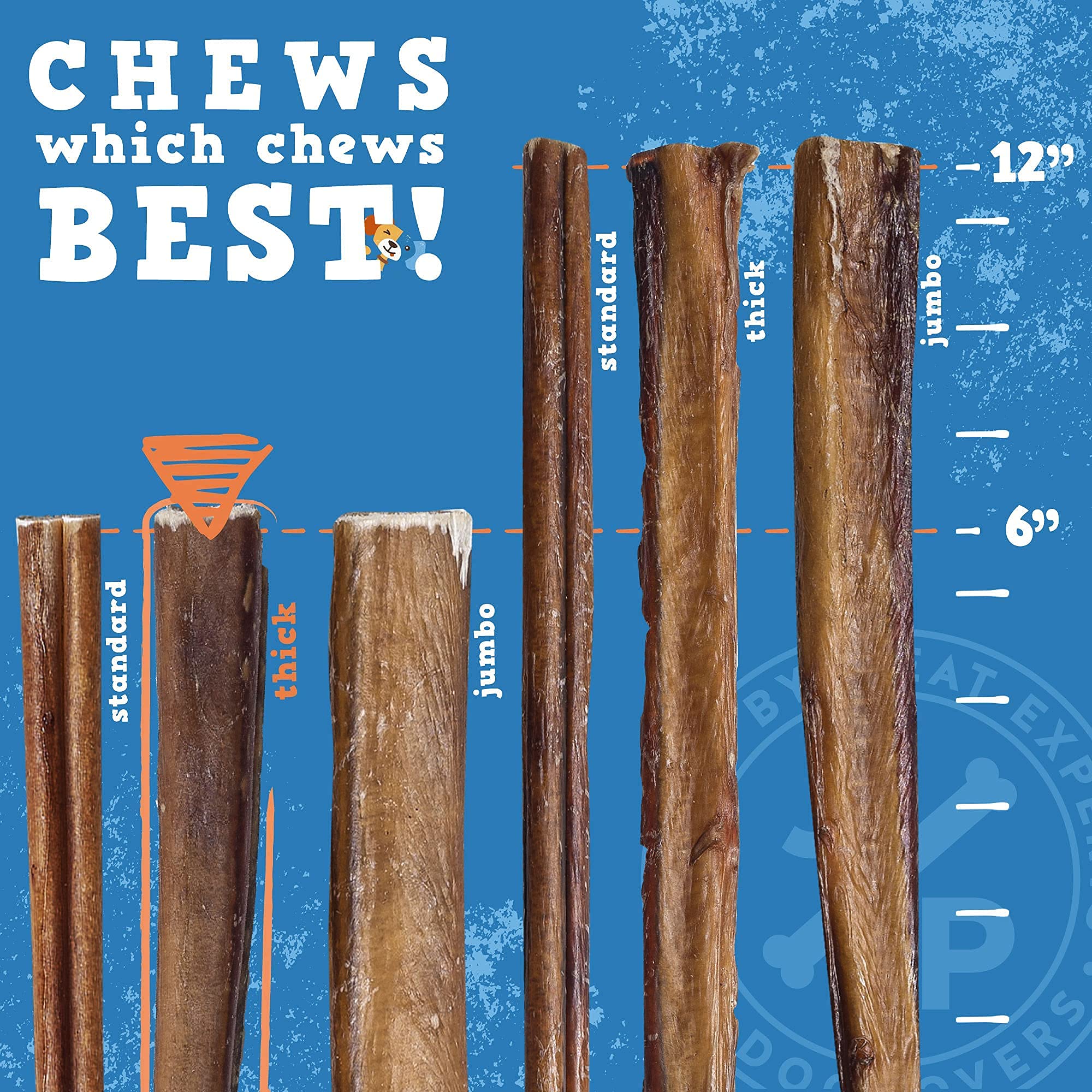 Jack&Pup 6 Inch Bully Sticks for Medium Dogs  Thick Odor Free Bully Sticks Long Lasting  All Natural, 100% Beef Pizzle Sticks (T