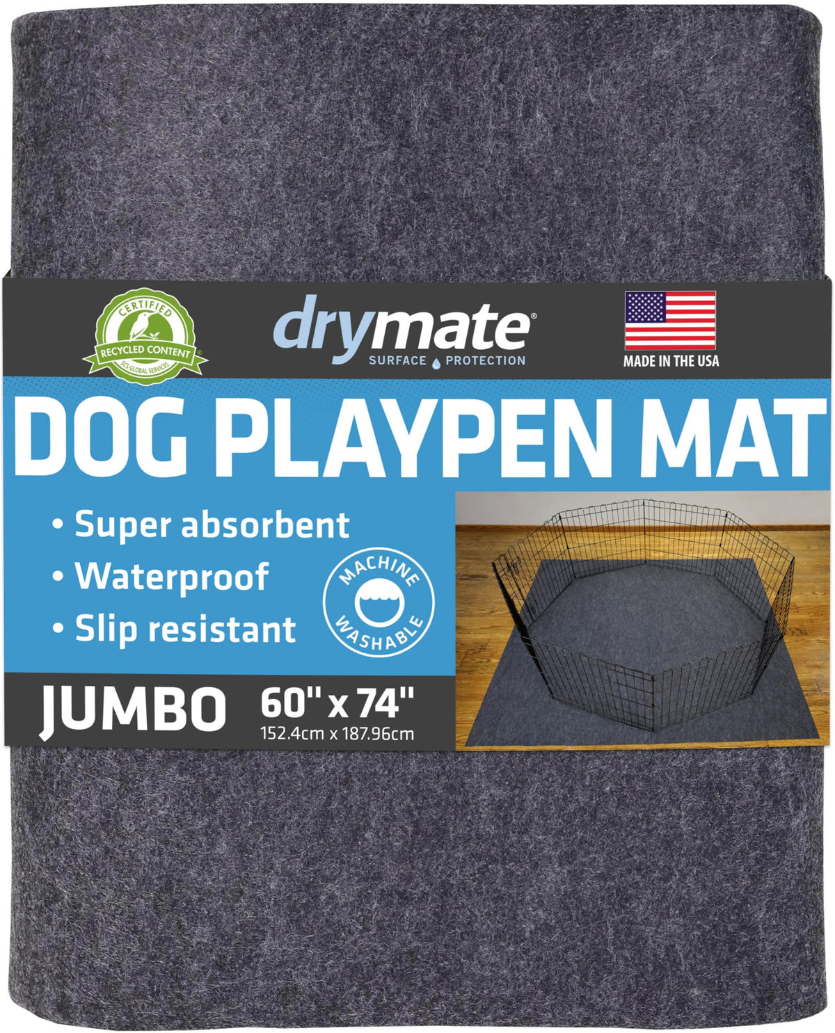 Drymate Dog Playpen Mat, Absorbent, Waterproof, Non-Slip, Machine Washable, Jumbo Xxl Size (60X74), Reusable Puppy Pad For Training, Whelping, Housebreaking, Incontinence, And Crate/Kennel (Usa Made)