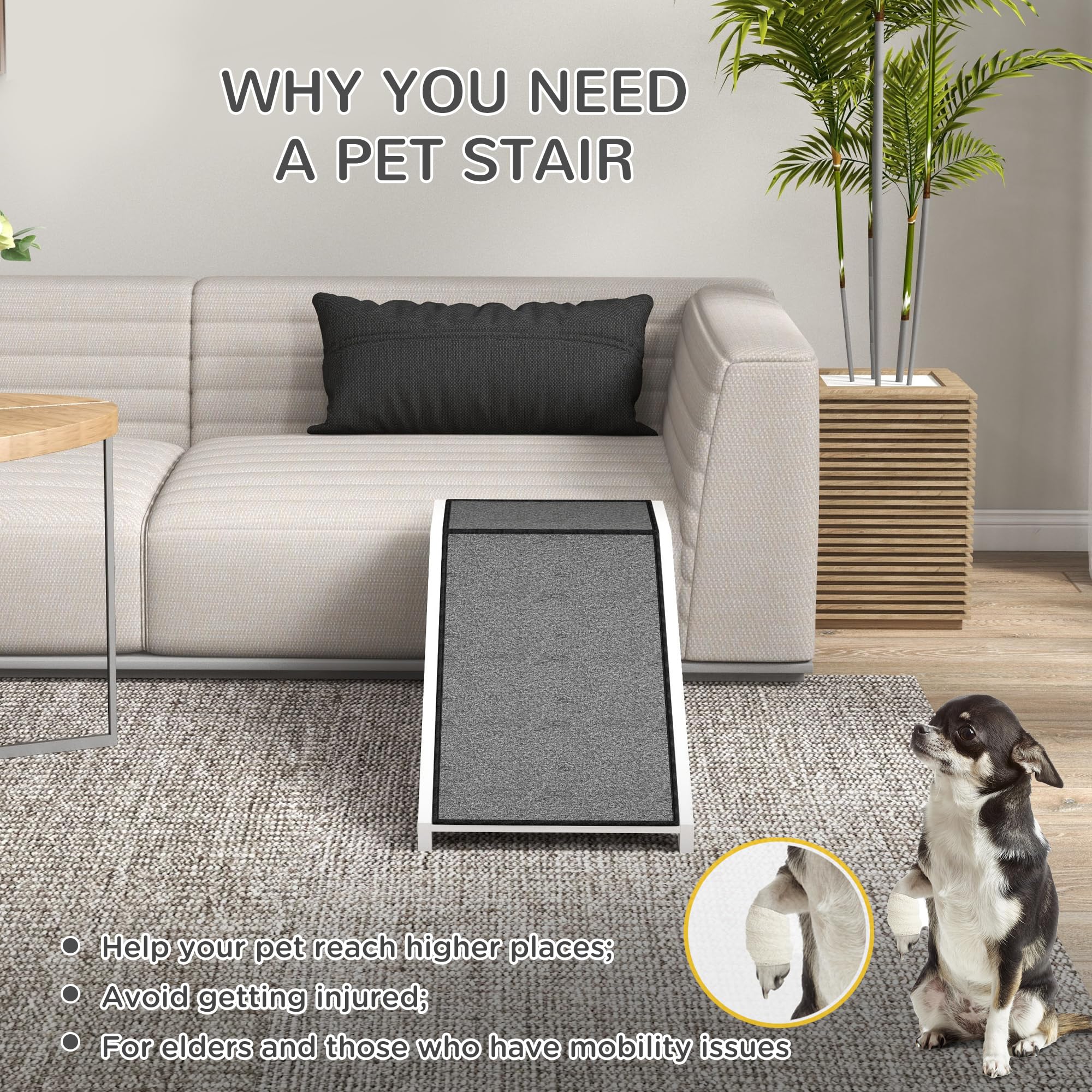 Pawhut Dog Ramp For Bed Couch, Pet Ramp With Non-Slip Carpet, Platforms, For Small, Medium, Large, Older Dogs, Cats, Indoor Use, 49' X 16' X 14', White