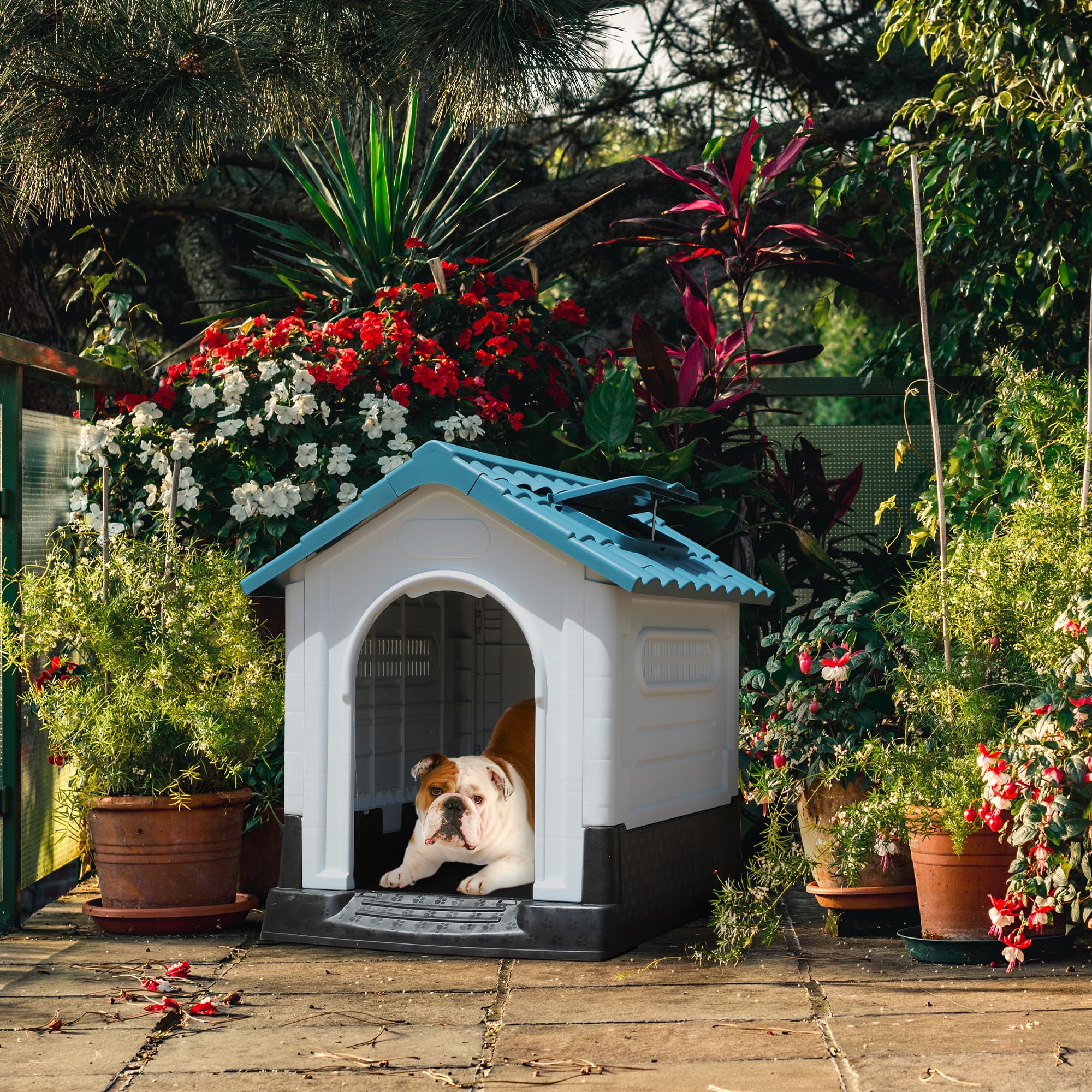 YITAHOME Folding Dog House, 26.8'' L, Water Resistant, Blue Resin, Adjustable Skylight, Elevated Base for Small Dogs