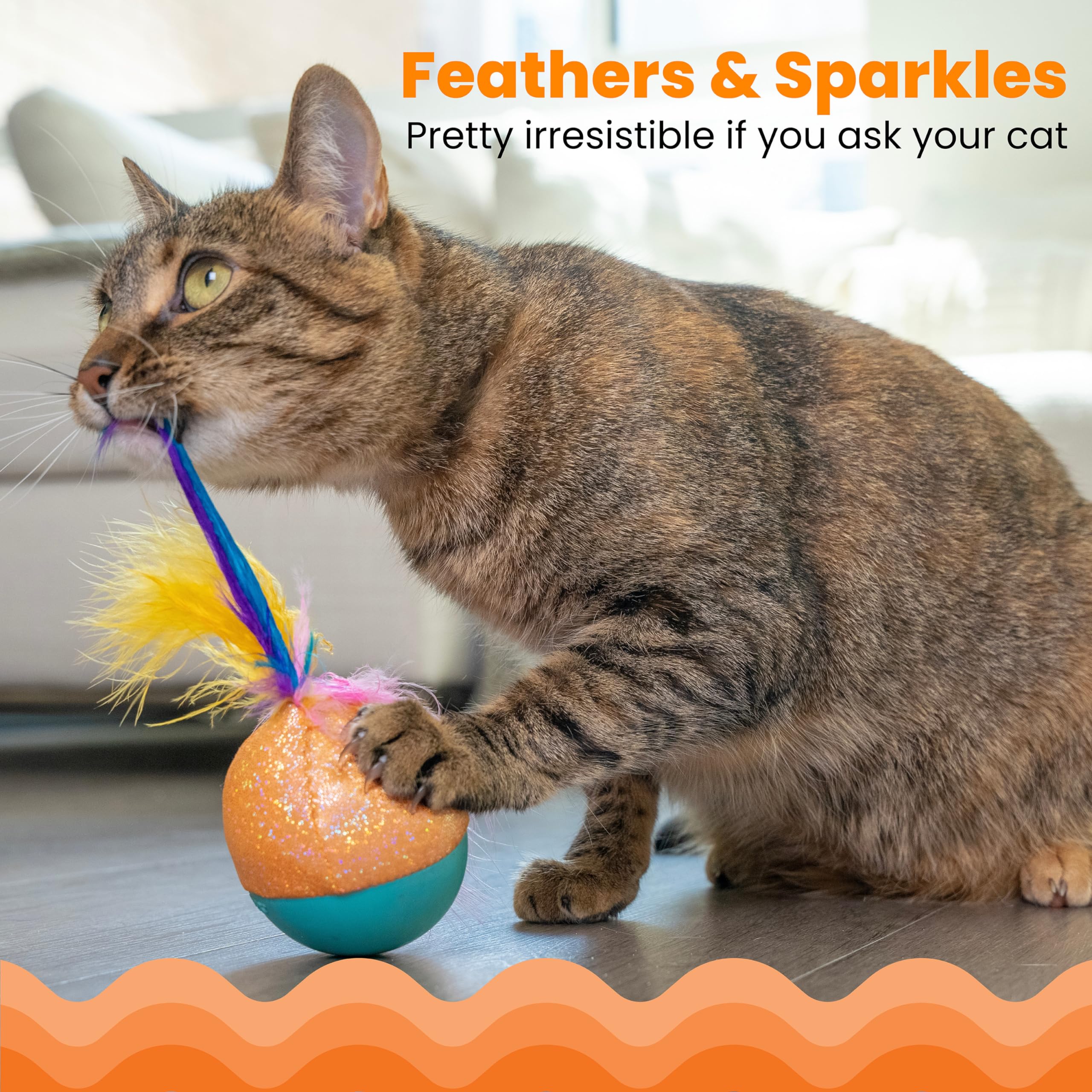Catstages Whack N’ Wobble Ball Interactive Cat Toy Catnip Coated Wobble Ball With Feathers And Bells, Turquoise