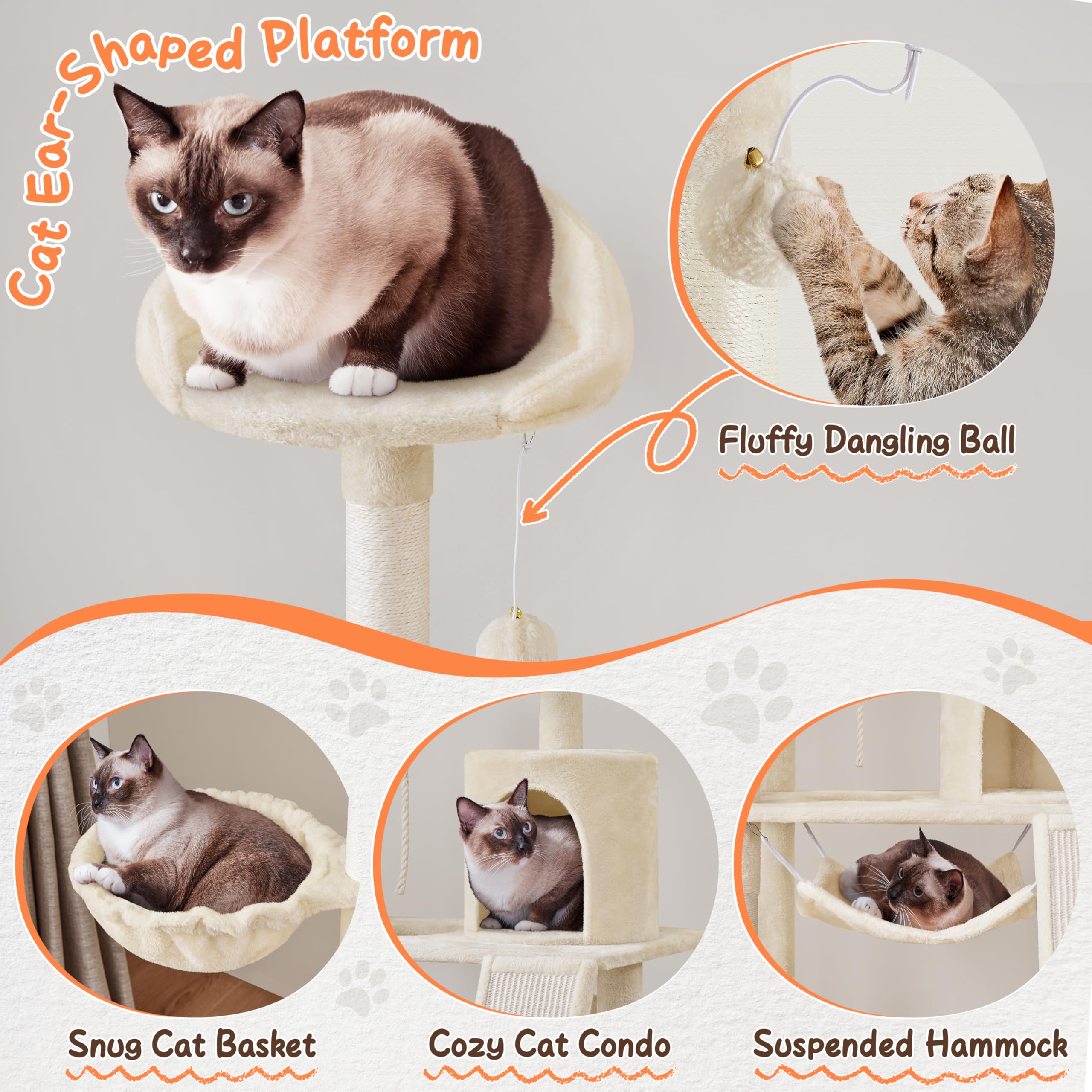 Yaheetech 63.5In Extra Large Cat Tree Condo With Sisal-Covered Scratching Post Plush Perch Hammock, Cat Tower Activity Center Ki