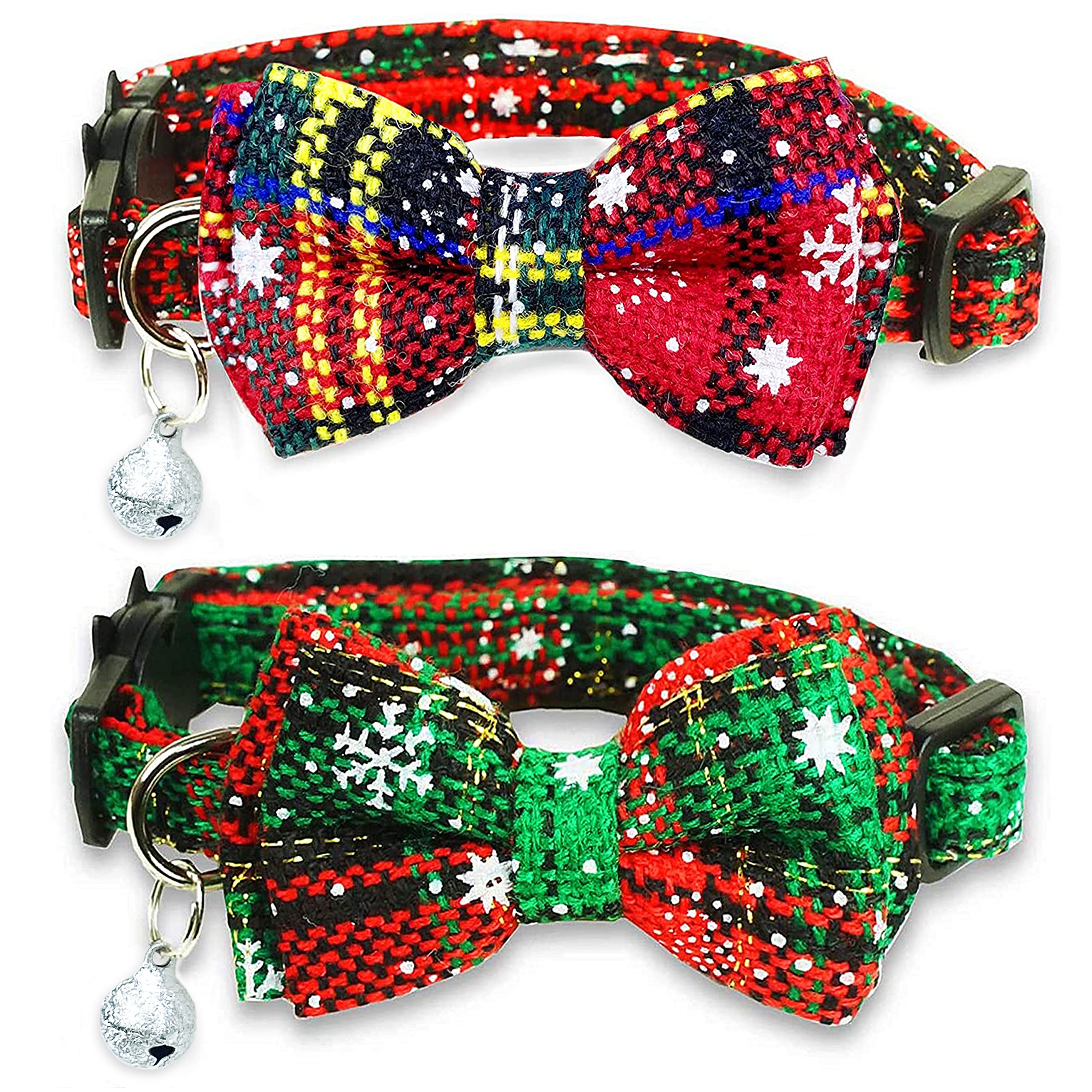 Christmas?At?Ollar?Ith?Ow Tie And Bell, Holiday Buffalo Plaid Breakaway Kitty Kitten Collar For Girl Boys Male Female Cats