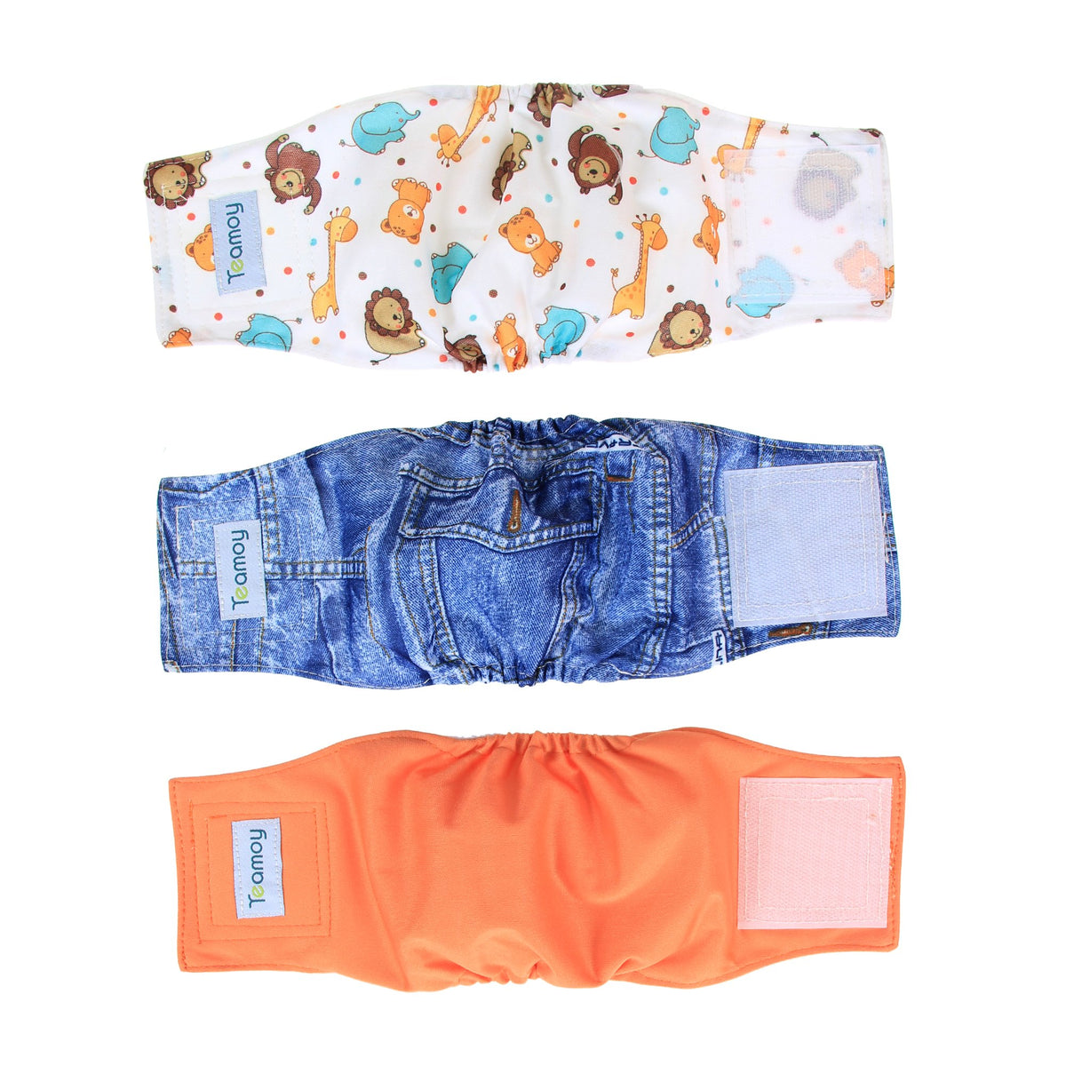 Teamoy Reusable Wrap Diapers for Male Dogs, Washable Puppy Belly Band Pack of 3 (XS, 7''-9'' Waist, Orange+ Denim+ Fat Smile)