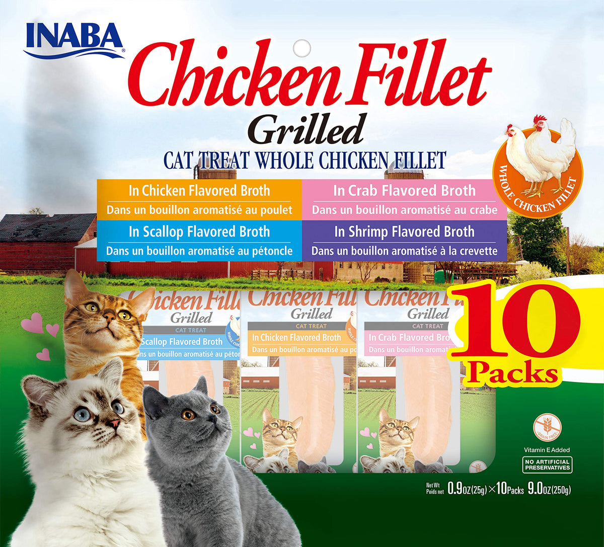 Inaba Natural, Premium Hand-Cut Grilled Chicken Fillet Cat Treats/Topper/Complement With Vitamin E And Green Tea Extract, 0.9 Ounces Each, 10 Pack, Variety Pack