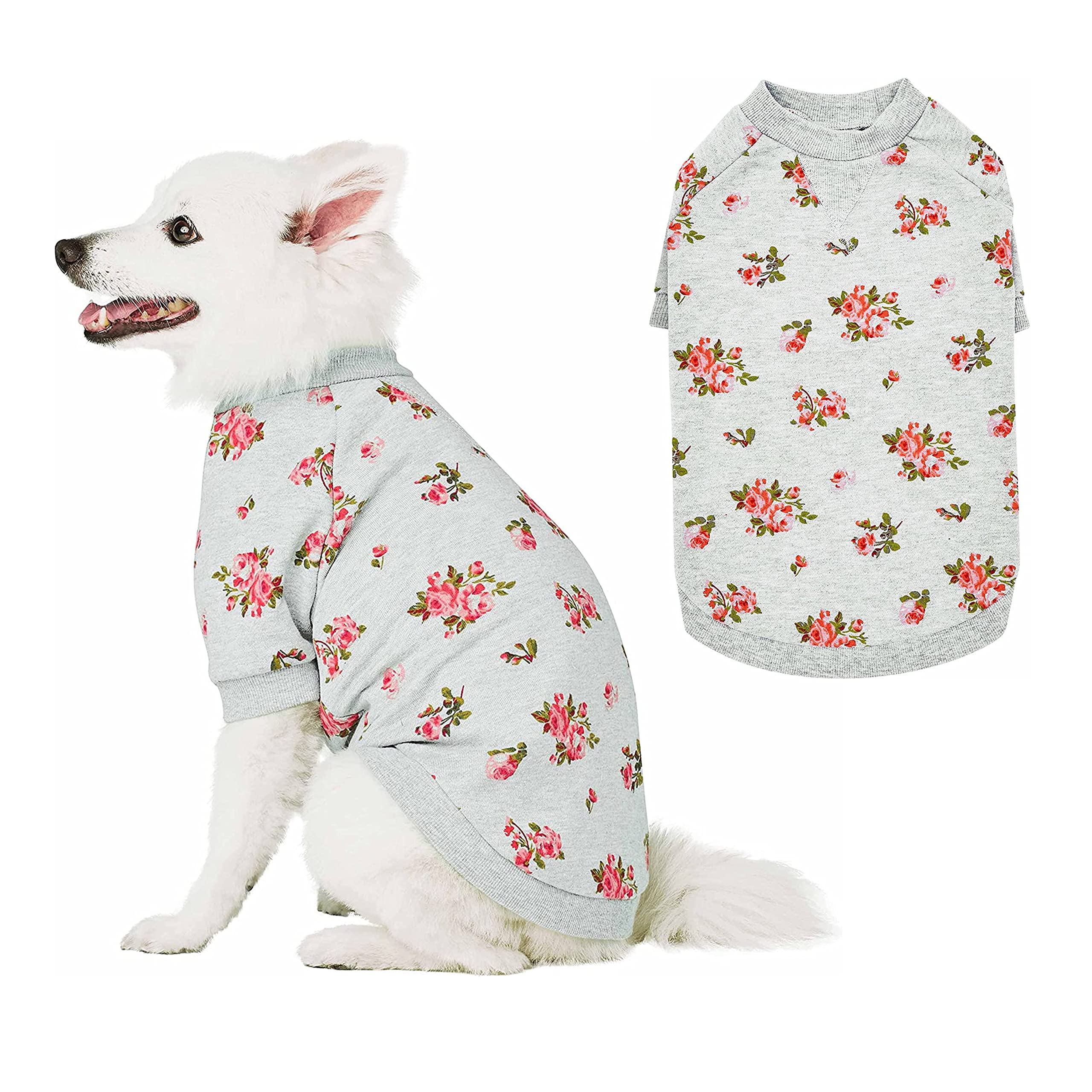 Blueberry Pet 2023 New Spring Scent Inspired Rose Flower Crew-Neck Pullover Dog Sweatshirt In Stylish Grey, Back Length 16, Pa