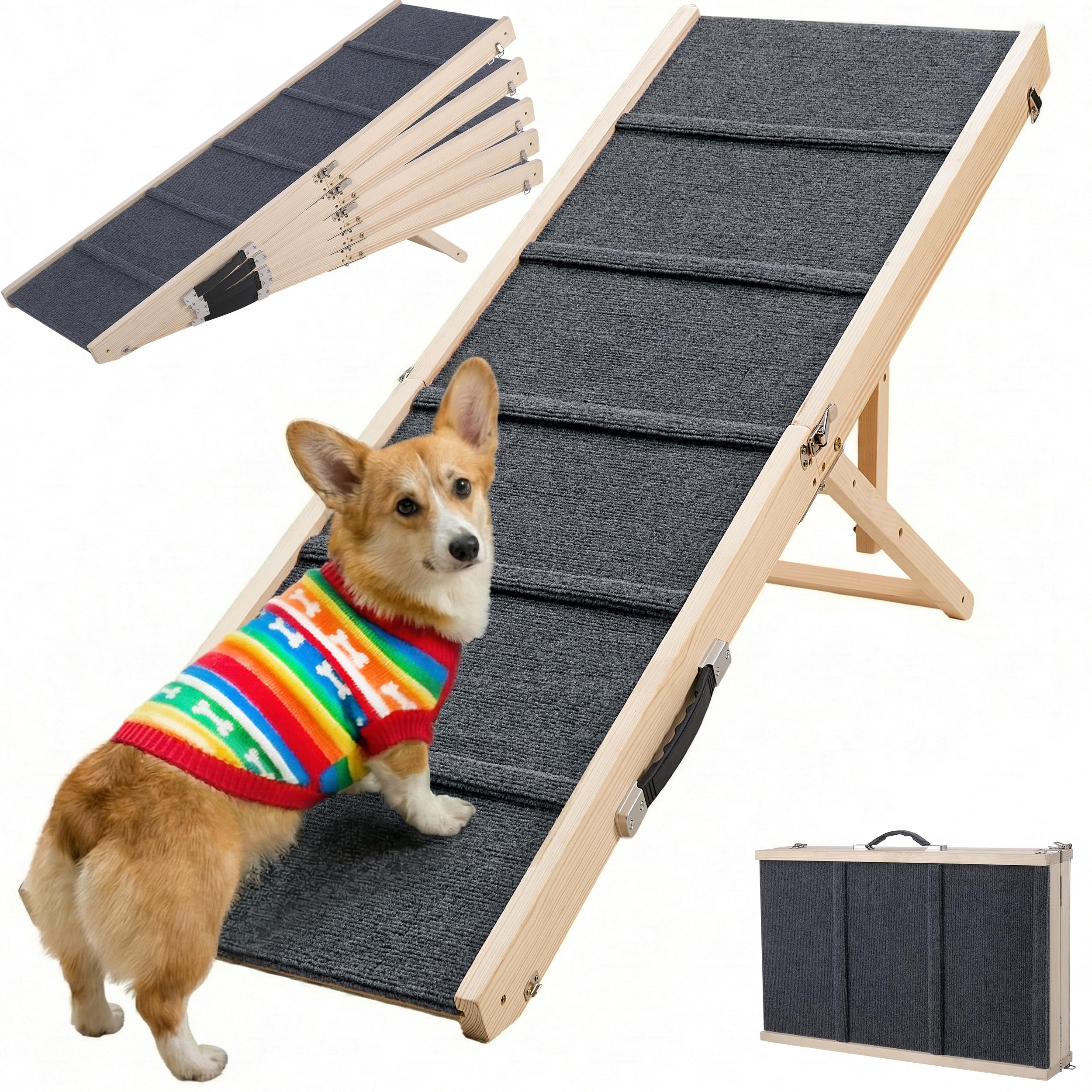 Staycalis Home Dog Ramp for Bed & Couch - Extra 51.2 Long Adjustable Height 9.5 to 24 Wooden Non-Slip Pet Ramp, Portable Foldabl